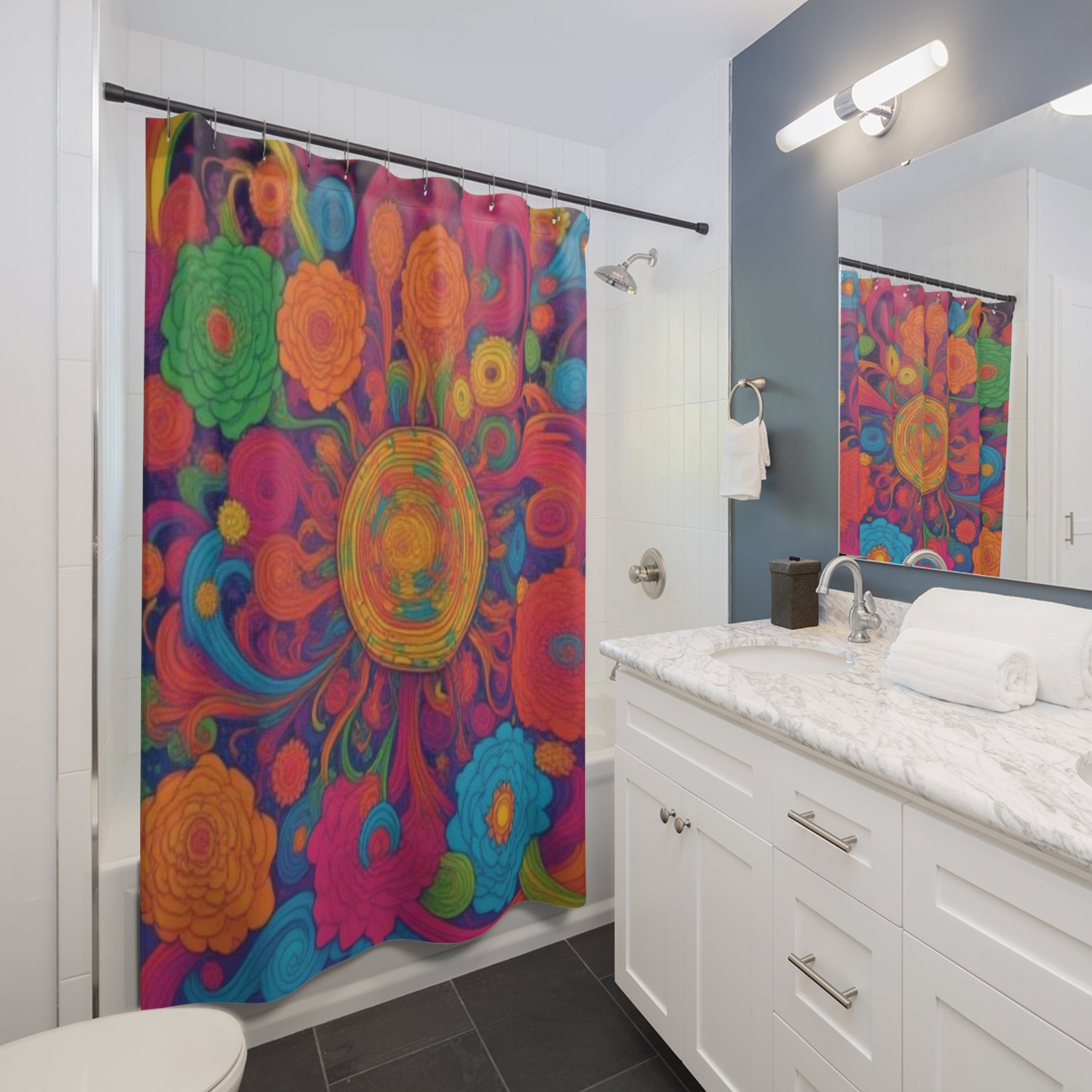 Psychedelic Floral Burst Shower Curtain | Colorful Retro Flower Pattern