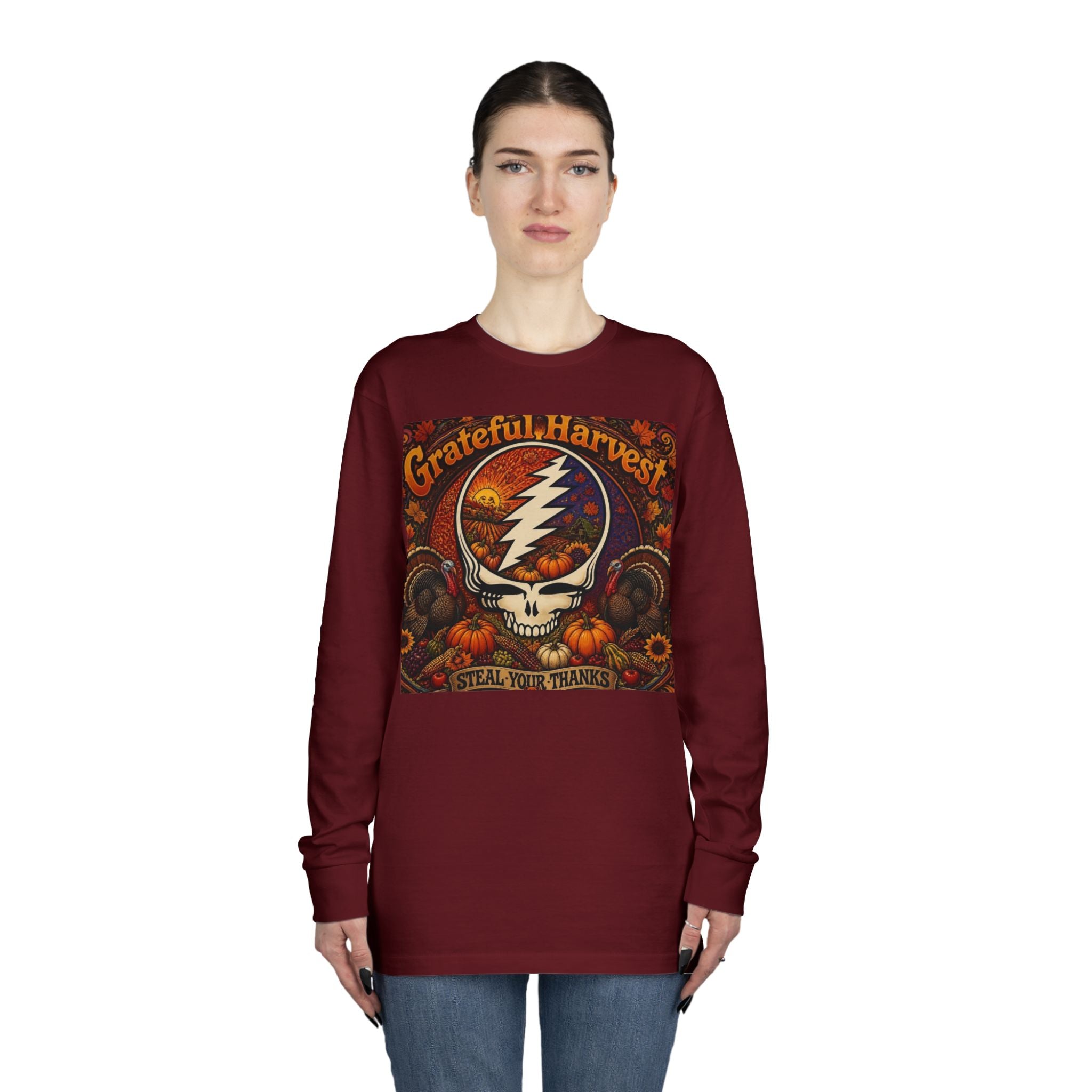 Grateful Harvest Skull with Lightning Bolt Long Sleeve Tee | Autumn Pumpkin Band Art, gift for deadhead, thanksgiving