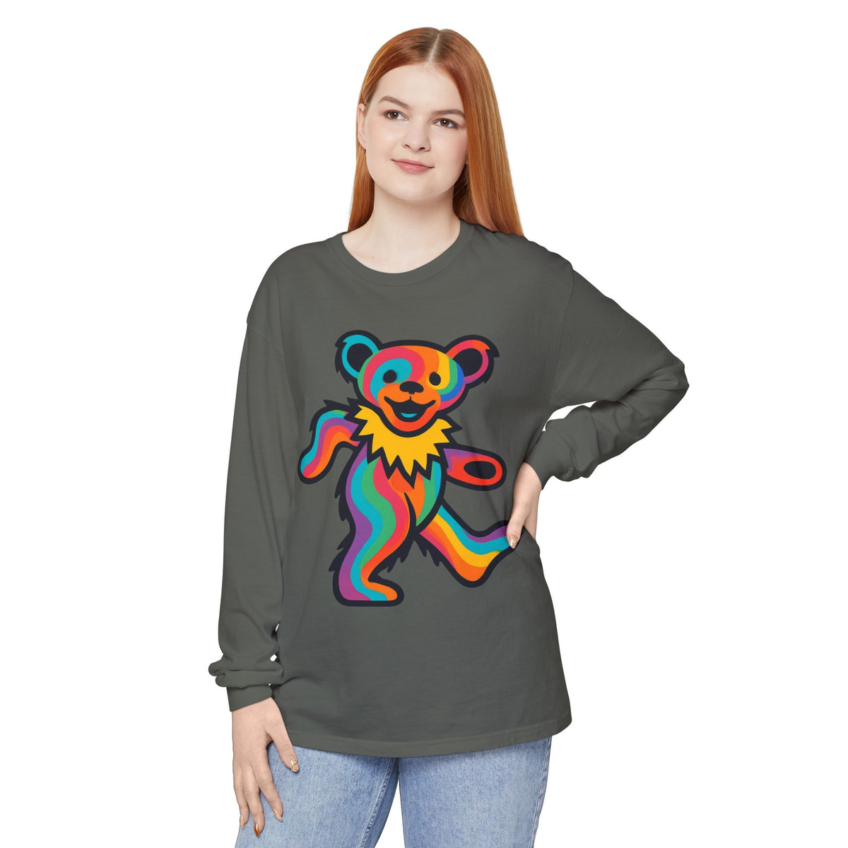 Rainbow Dancing Bear Long Sleeve Shirt | Psychedelic Grateful Dead Style, gift for a deadhead