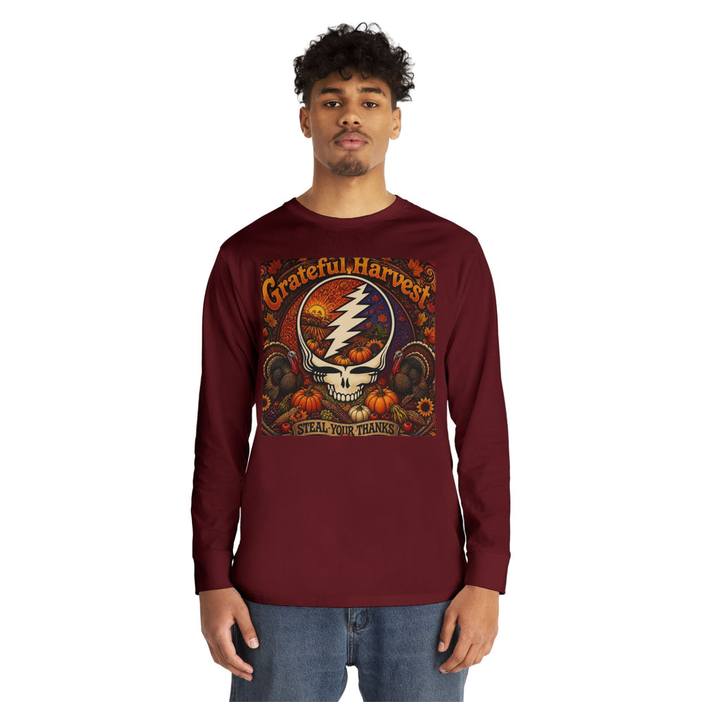 Grateful Harvest Skull with Lightning Bolt Long Sleeve Tee | Autumn Pumpkin Band Art, gift for deadhead, thanksgiving