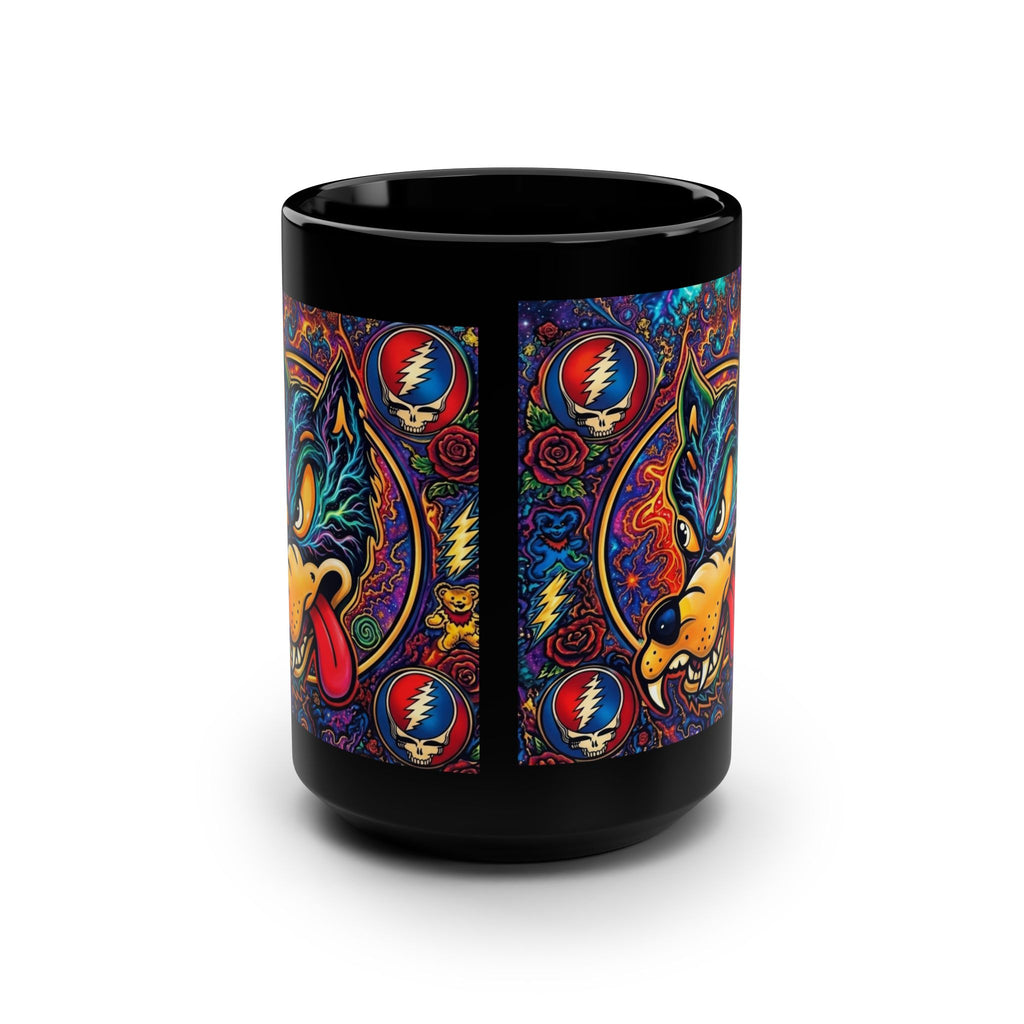 Psychedelic Dire Wolf with Grateful Dead Icons Mug | Black 15oz gift for a deadhead