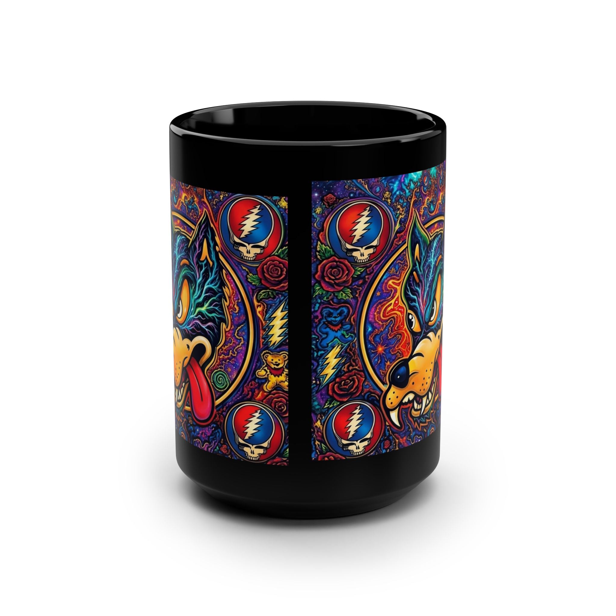 Psychedelic Dire Wolf with Grateful Dead Icons Mug | Black 15oz gift for a deadhead