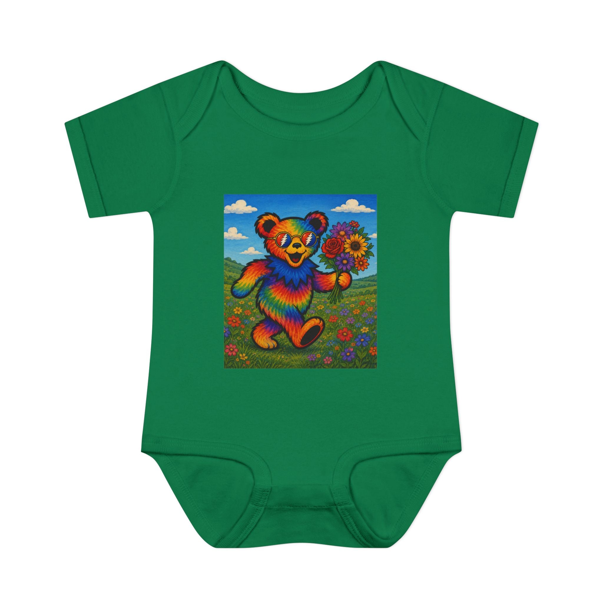 Grateful Dead Rainbow Tie Dye Bear Holding Sunflower Infant Bodysuit