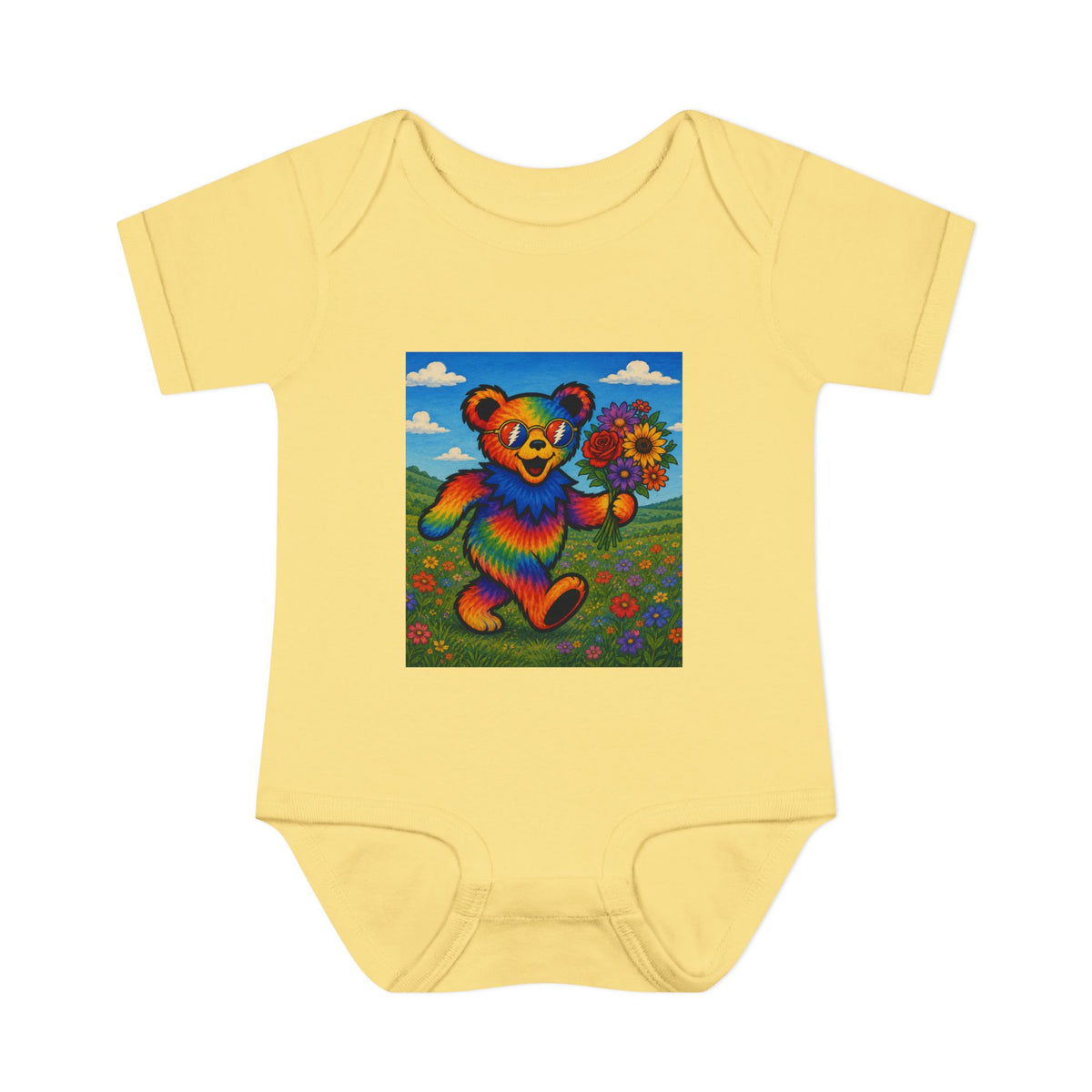Grateful Dead Rainbow Tie Dye Bear Holding Sunflower Infant Bodysuit