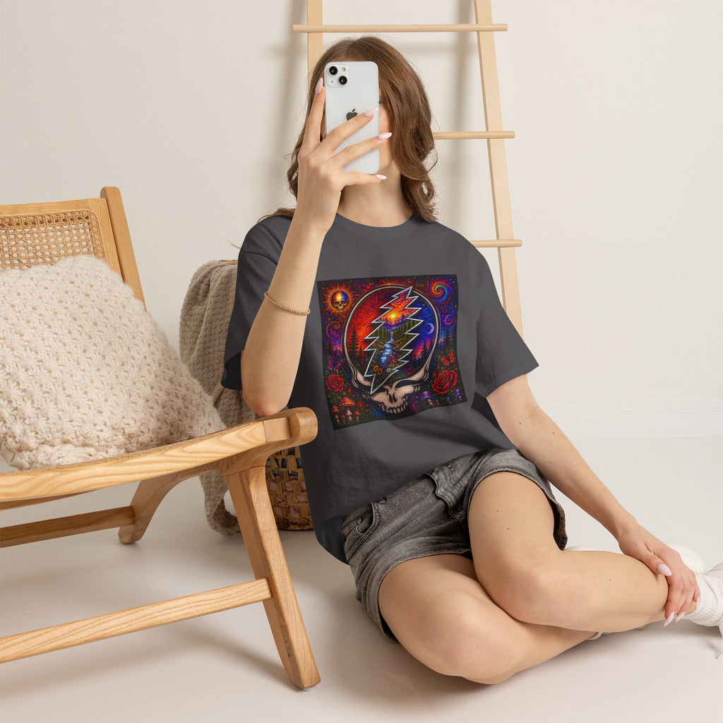 Psychedelic Steal Your Face Skull T-Shirt | Colorful Lightning Rose Grateful Dead Tee