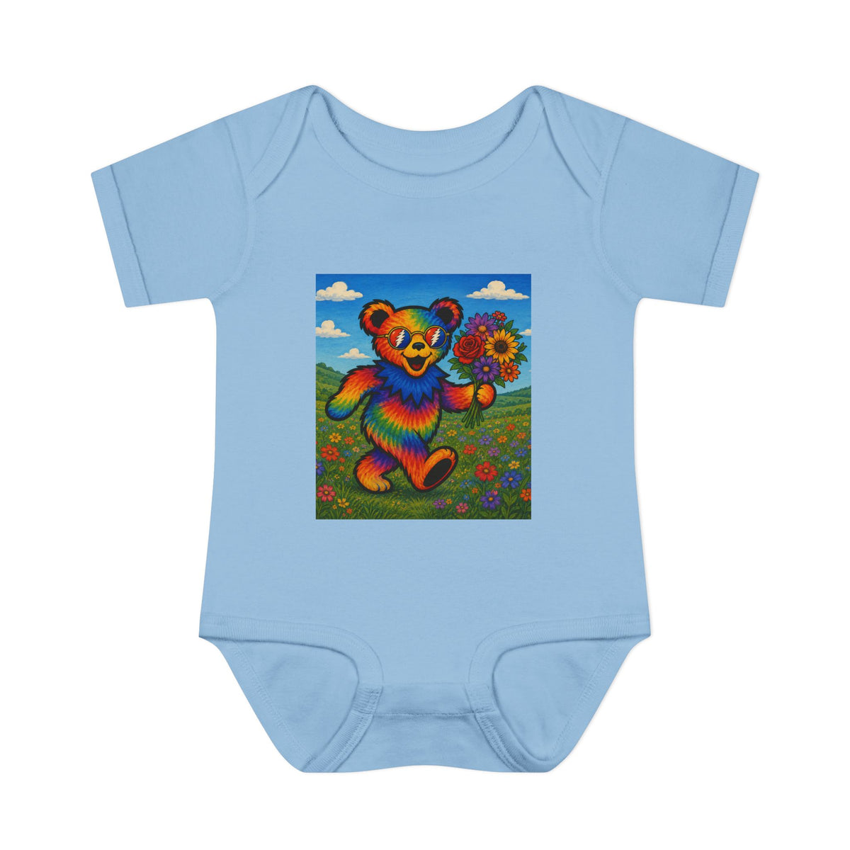 Grateful Dead Rainbow Tie Dye Bear Holding Sunflower Infant Bodysuit