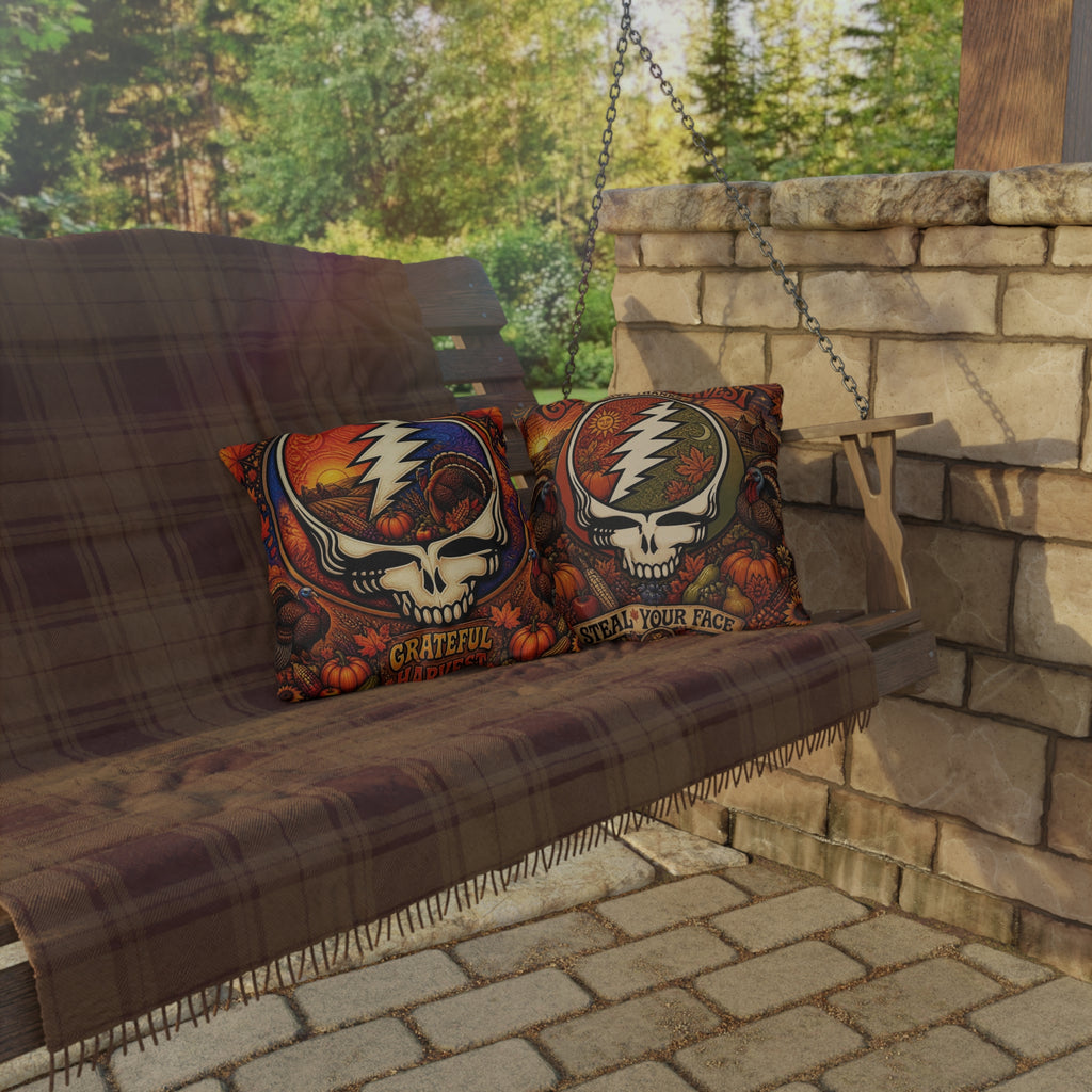 GIFt for a deadhead, pillow for thanksgiving , Grateful Harvest Skull Outdoor Pillows | Thanksgiving Turkey Pumpkin Fall