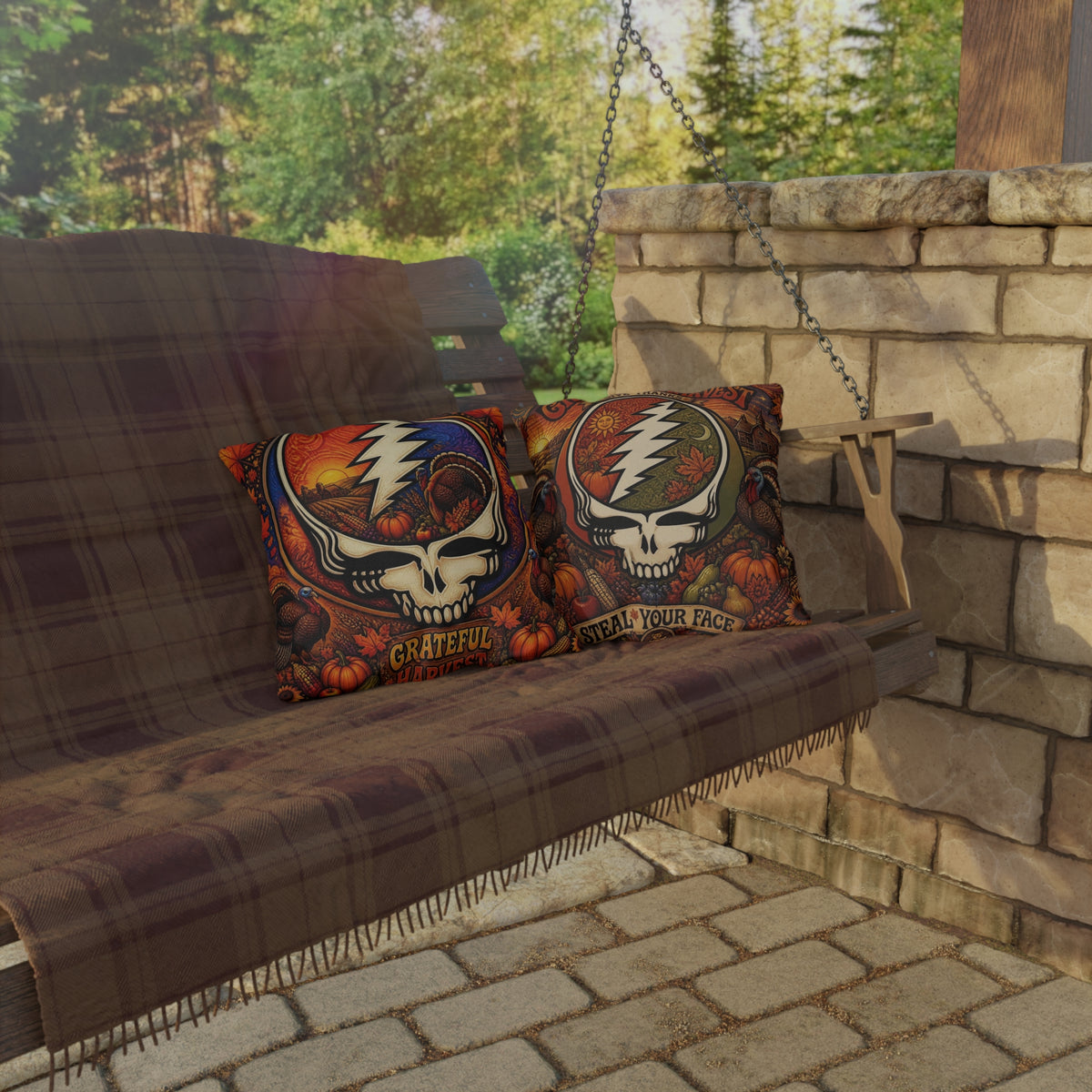GIFt for a deadhead, pillow for thanksgiving , Grateful Harvest Skull Outdoor Pillows | Thanksgiving Turkey Pumpkin Fall