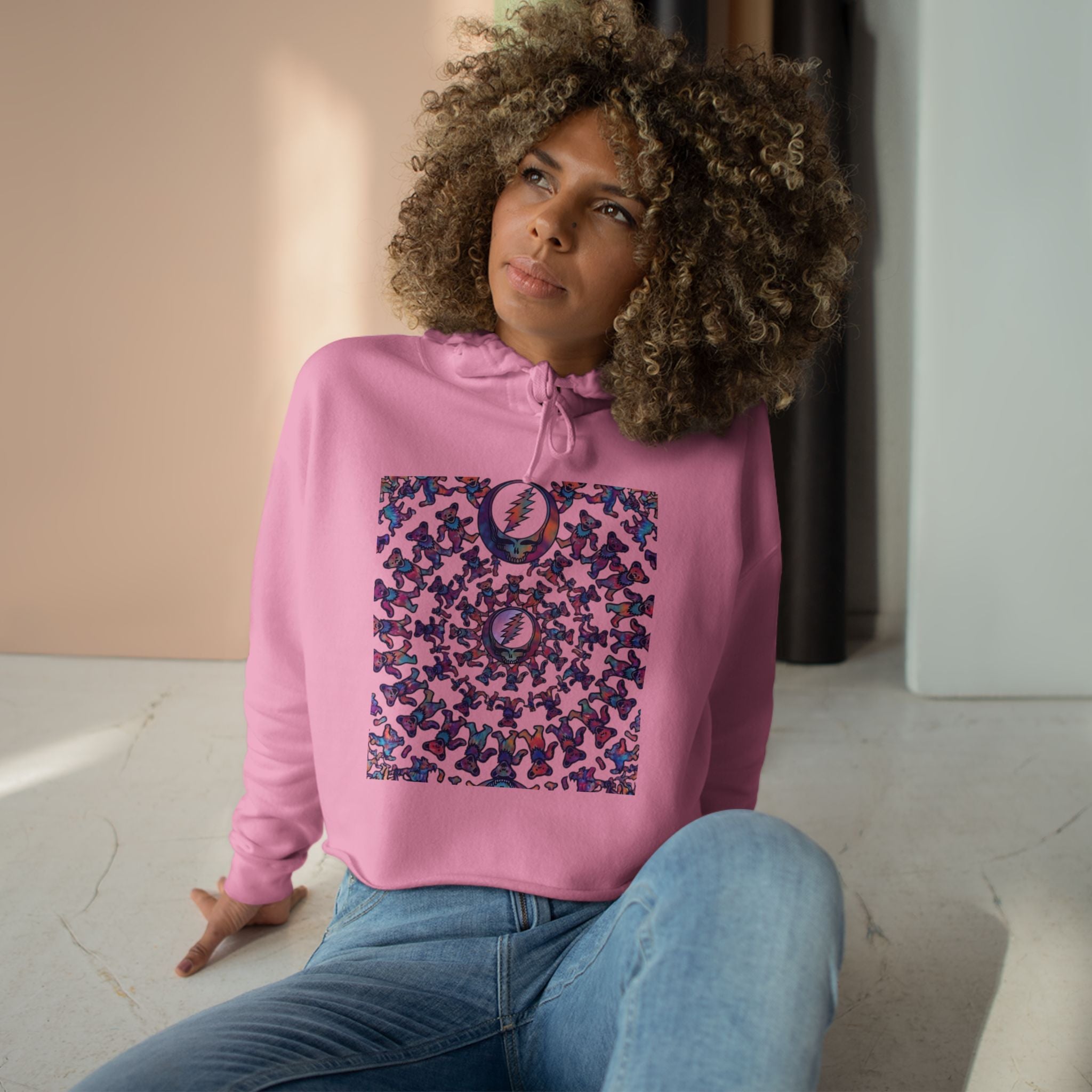 Grateful Dead bear mandala Crop Hoodie | Moon Phases Graphic, Pastel Aesthetic, gift for a deadhead, her,mom, grand mom, sister