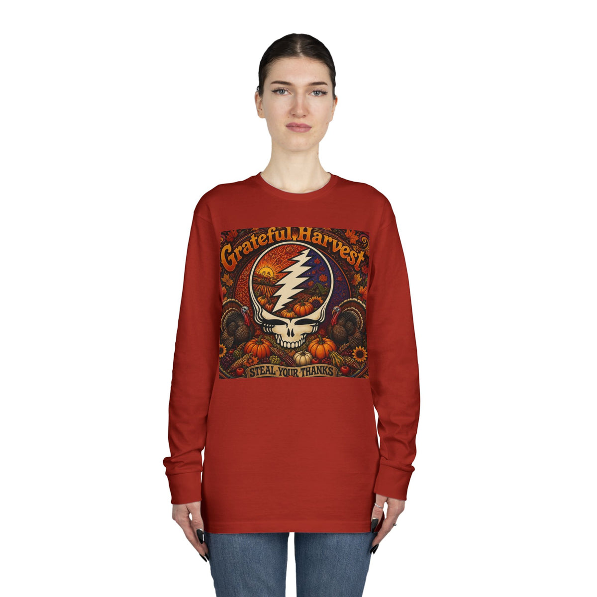 Grateful Harvest Skull with Lightning Bolt Long Sleeve Tee | Autumn Pumpkin Band Art, gift for deadhead, thanksgiving