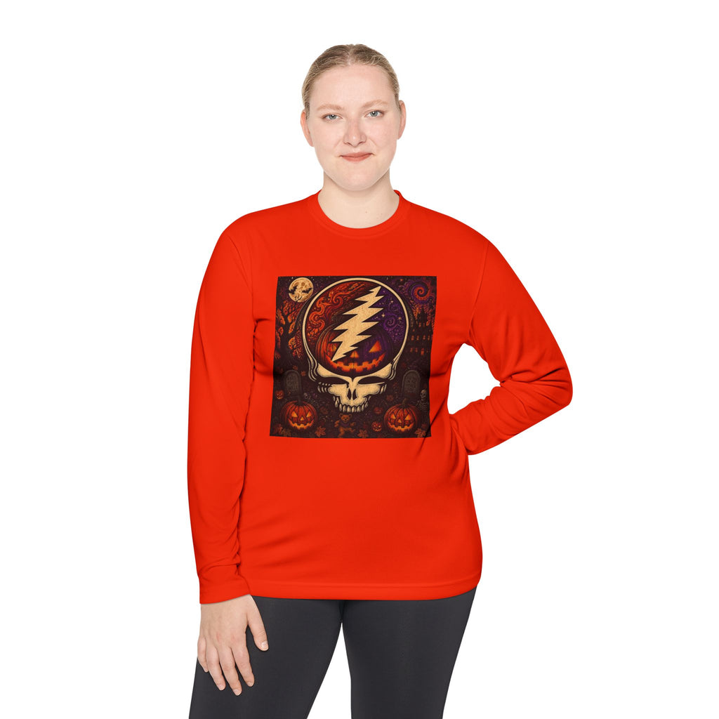 Gift for Deadhead, Grateful Dead Skull with Lightning Bolt Long Sleeve Tee | Halloween Jack-O'-Lanterns