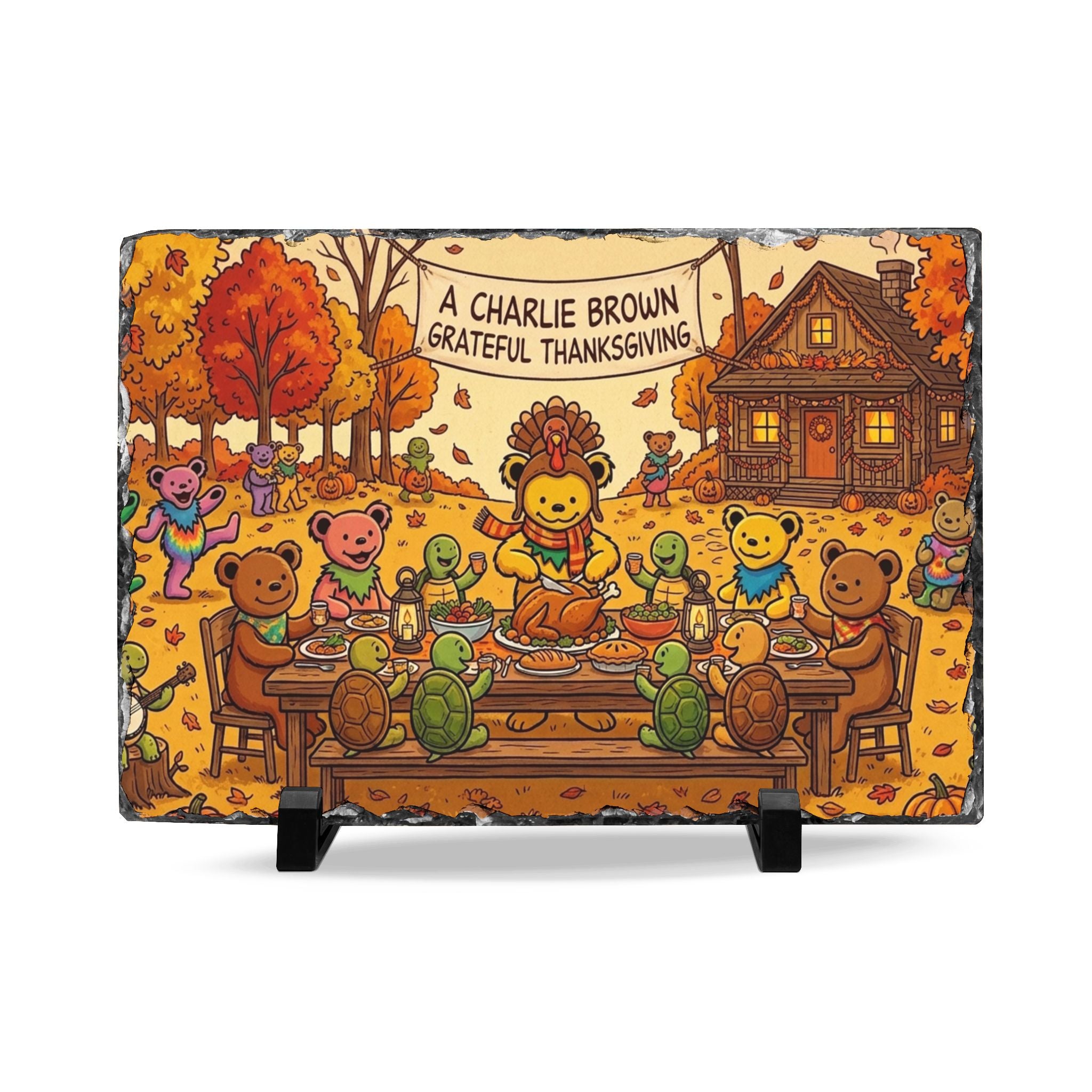 Grateful Thanksgiving Cartoon Feast Slate Desk Plaque | Fall Woodland Table Scene, gift for deadhead