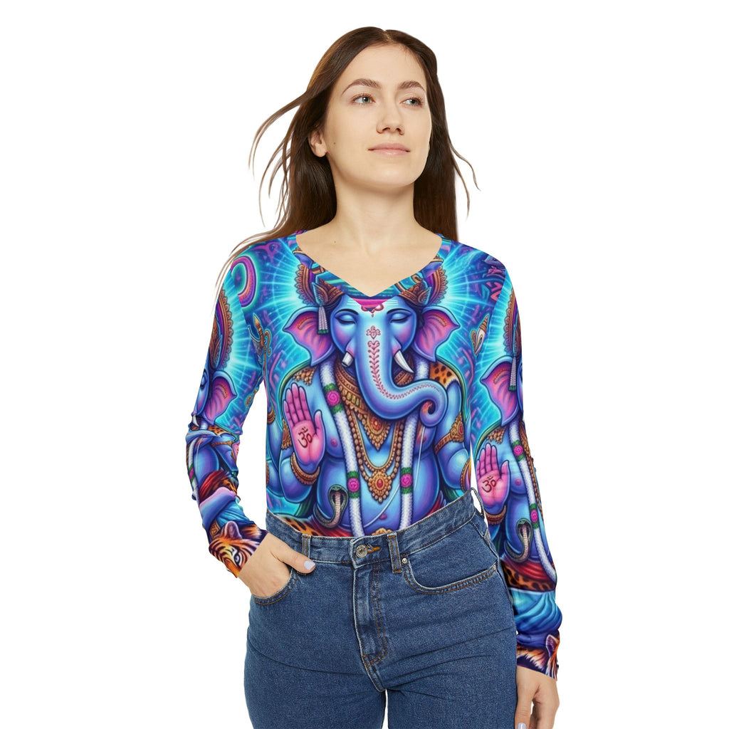 Blue Ganesha Illustration Long Sleeve gift for her, mom, friend, sister, yogi, yoga, hindu V-neck Shirt | Hindu Deity Art
