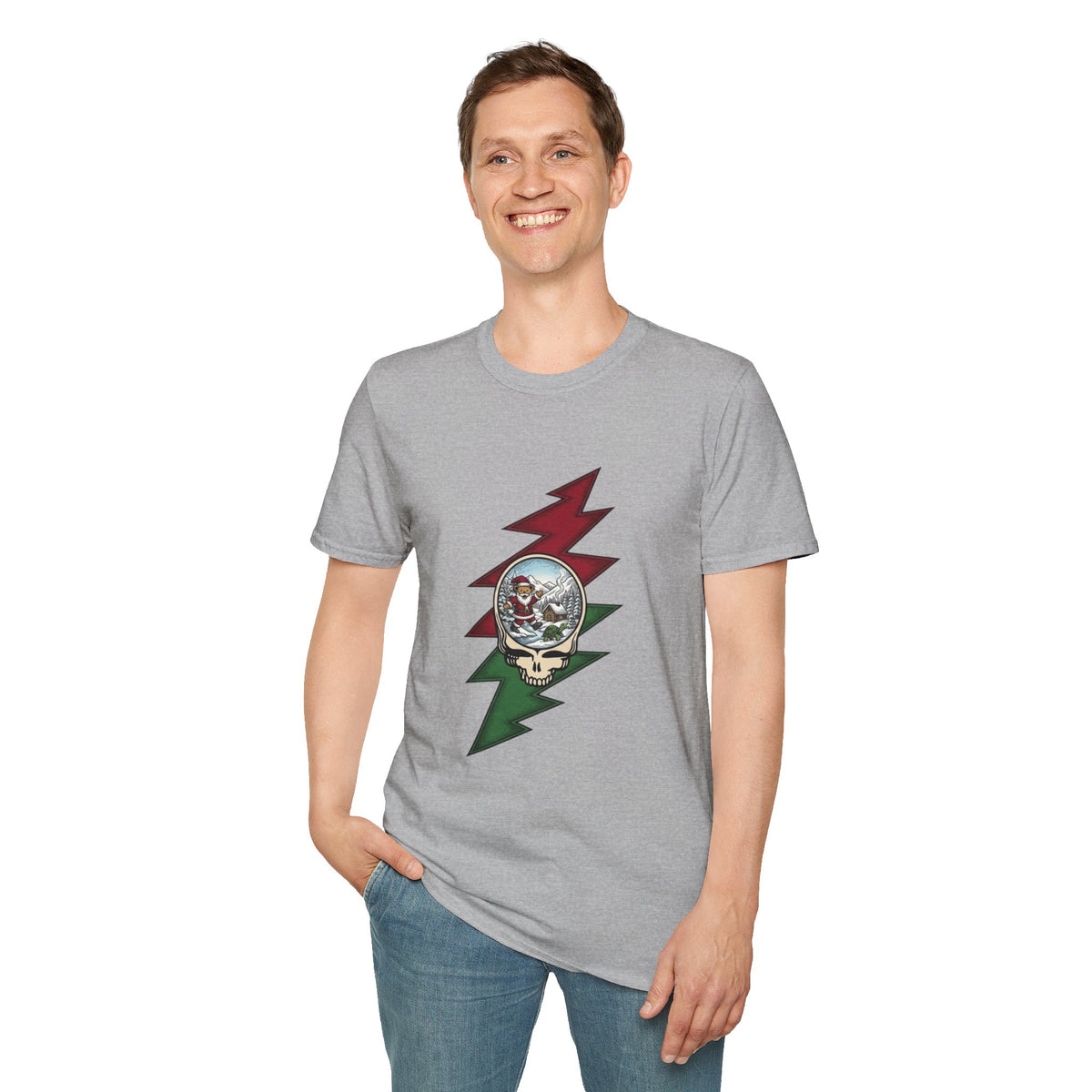 Santa Skull Lightning Bolt T-Shirt | Rock Christmas Holiday Tee, Grateful Dead inspired, Gift for a Deadhead