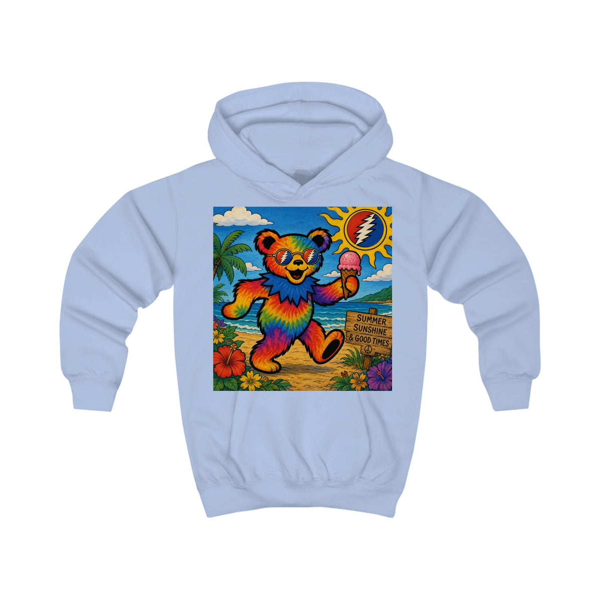 Rainbow Dancing Bear Kids Hoodie | Psychedelic Grateful Dead Style, Summer Beach Scene