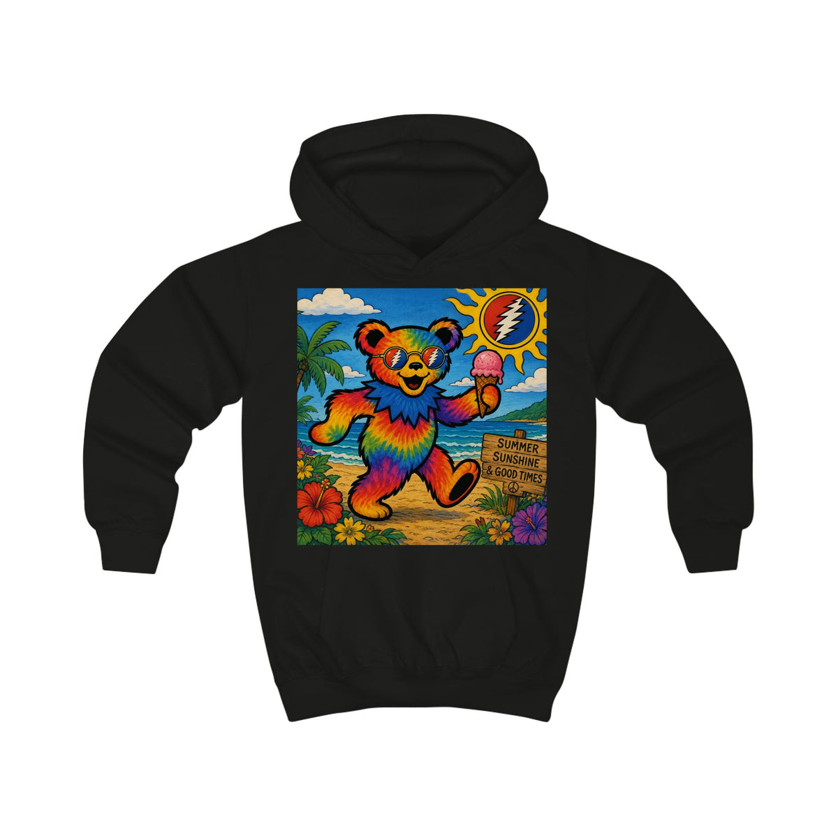 Rainbow Dancing Bear Kids Hoodie | Psychedelic Grateful Dead Style, Summer Beach Scene