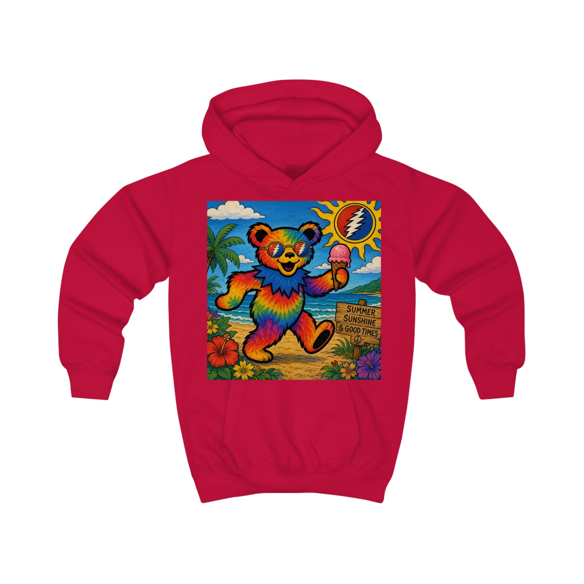 Rainbow Dancing Bear Kids Hoodie | Psychedelic Grateful Dead Style, Summer Beach Scene