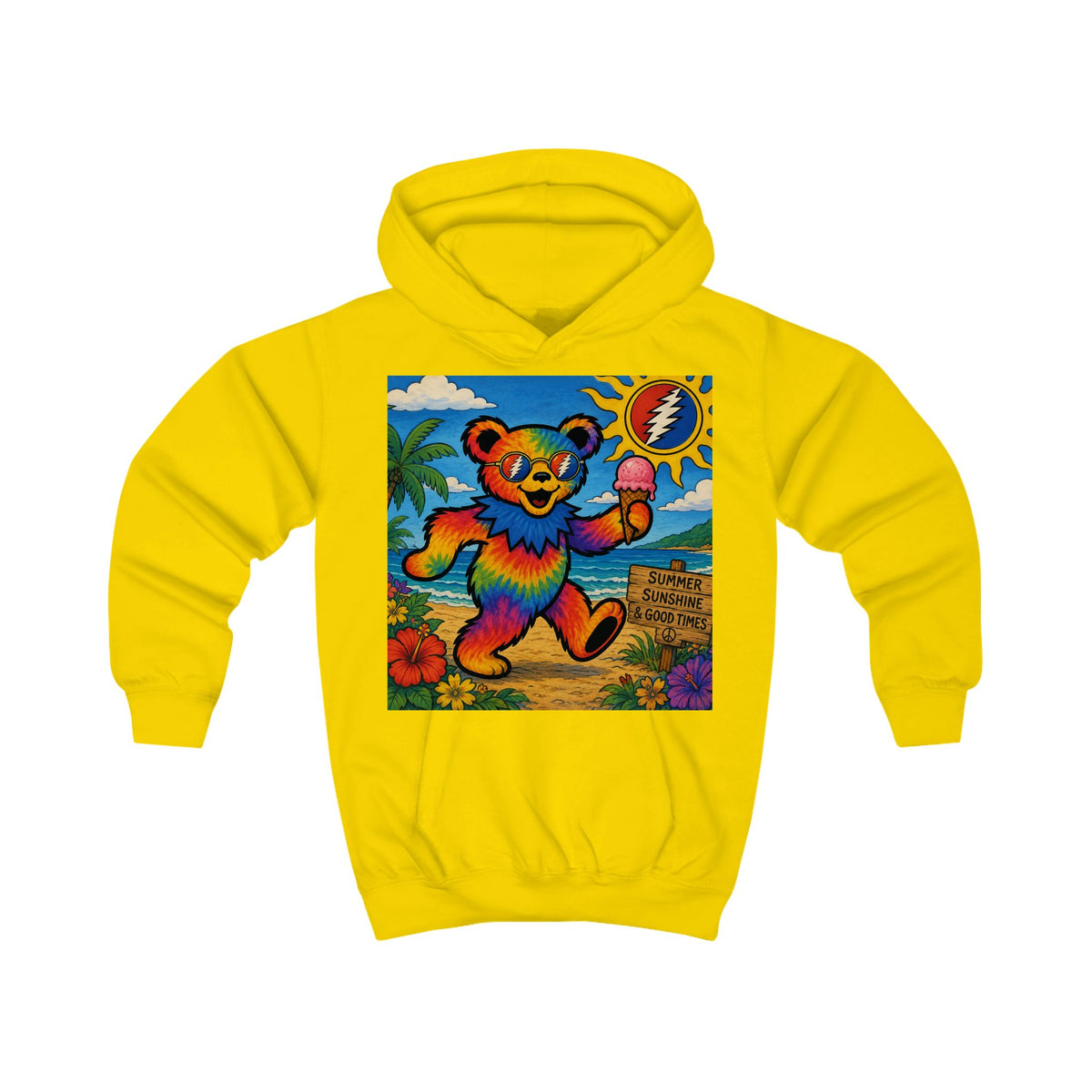 Rainbow Dancing Bear Kids Hoodie | Psychedelic Grateful Dead Style, Summer Beach Scene