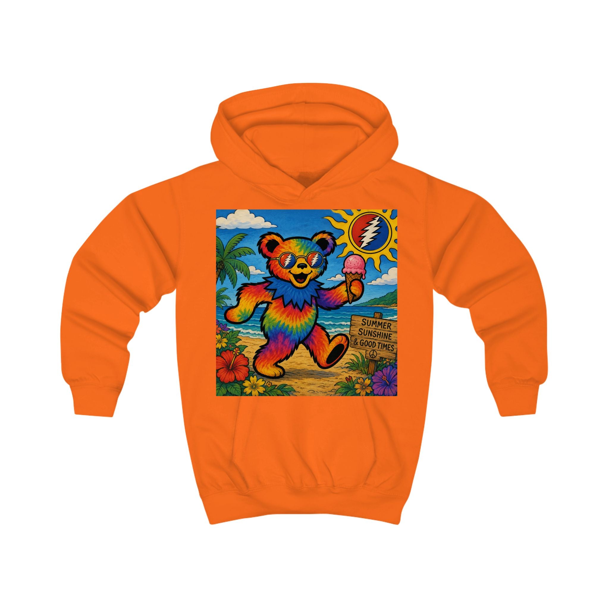 Rainbow Dancing Bear Kids Hoodie | Psychedelic Grateful Dead Style, Summer Beach Scene