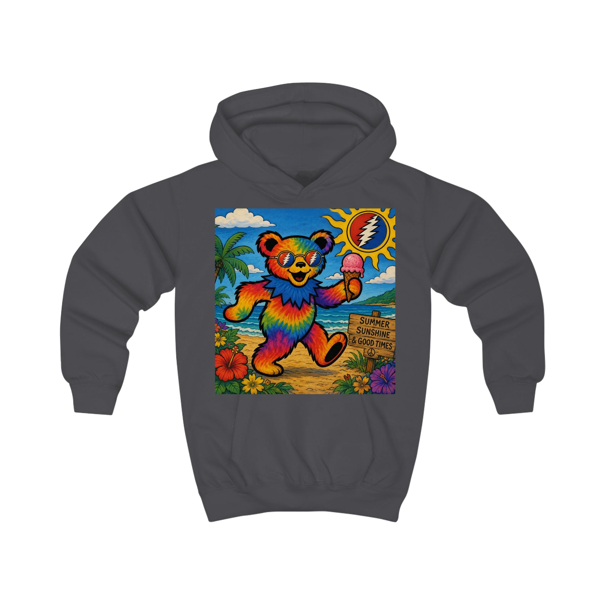Rainbow Dancing Bear Kids Hoodie | Psychedelic Grateful Dead Style, Summer Beach Scene