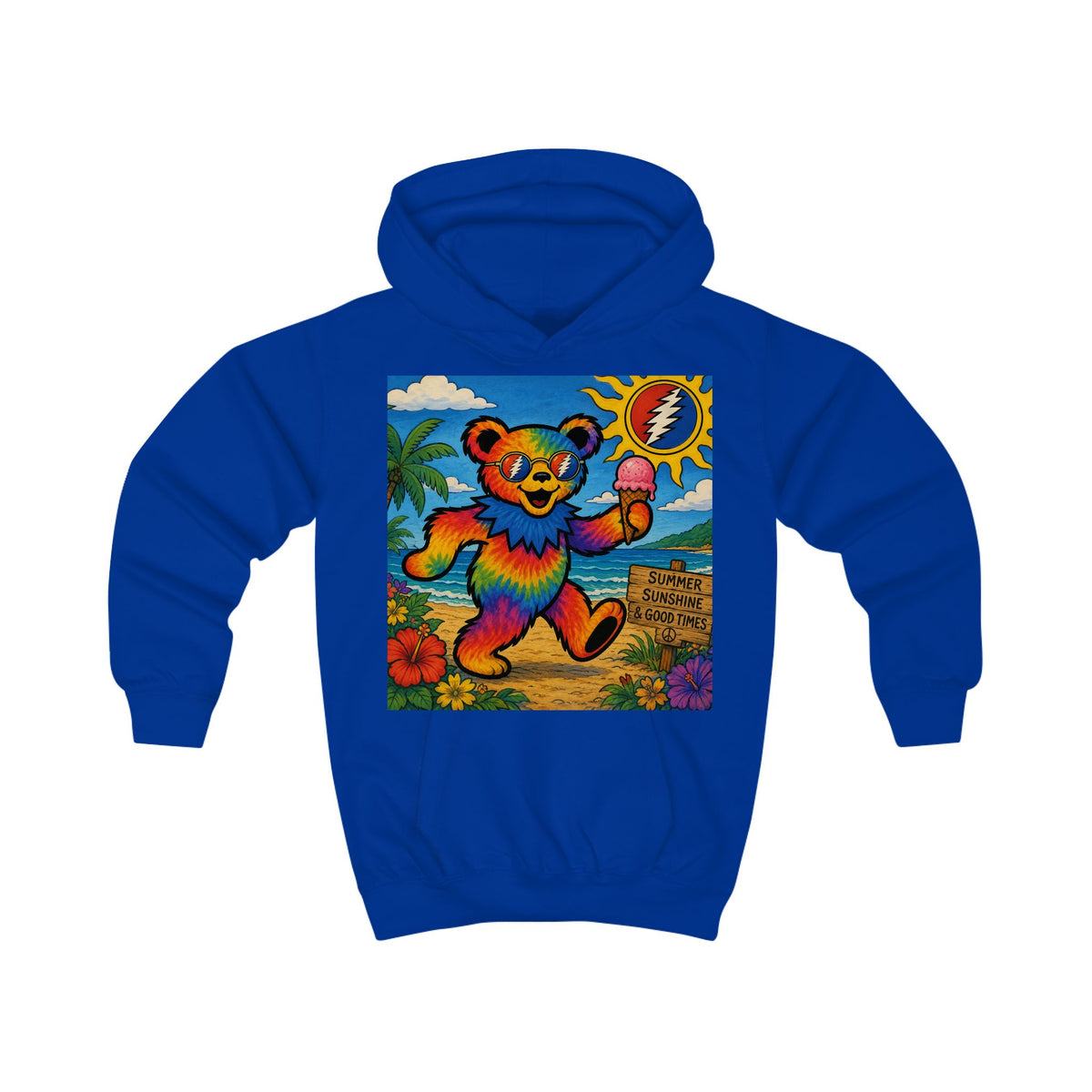 Rainbow Dancing Bear Kids Hoodie | Psychedelic Grateful Dead Style, Summer Beach Scene