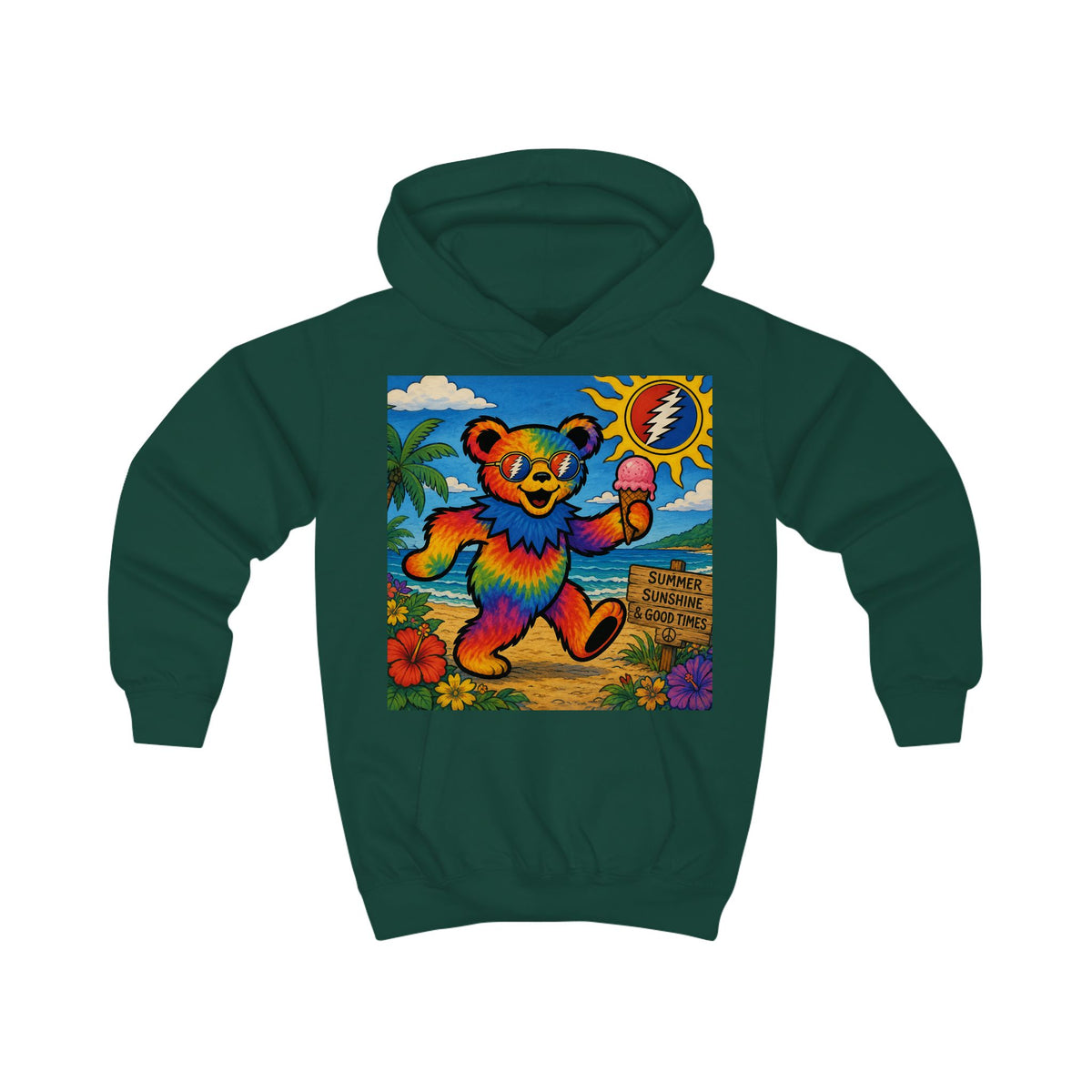 Rainbow Dancing Bear Kids Hoodie | Psychedelic Grateful Dead Style, Summer Beach Scene