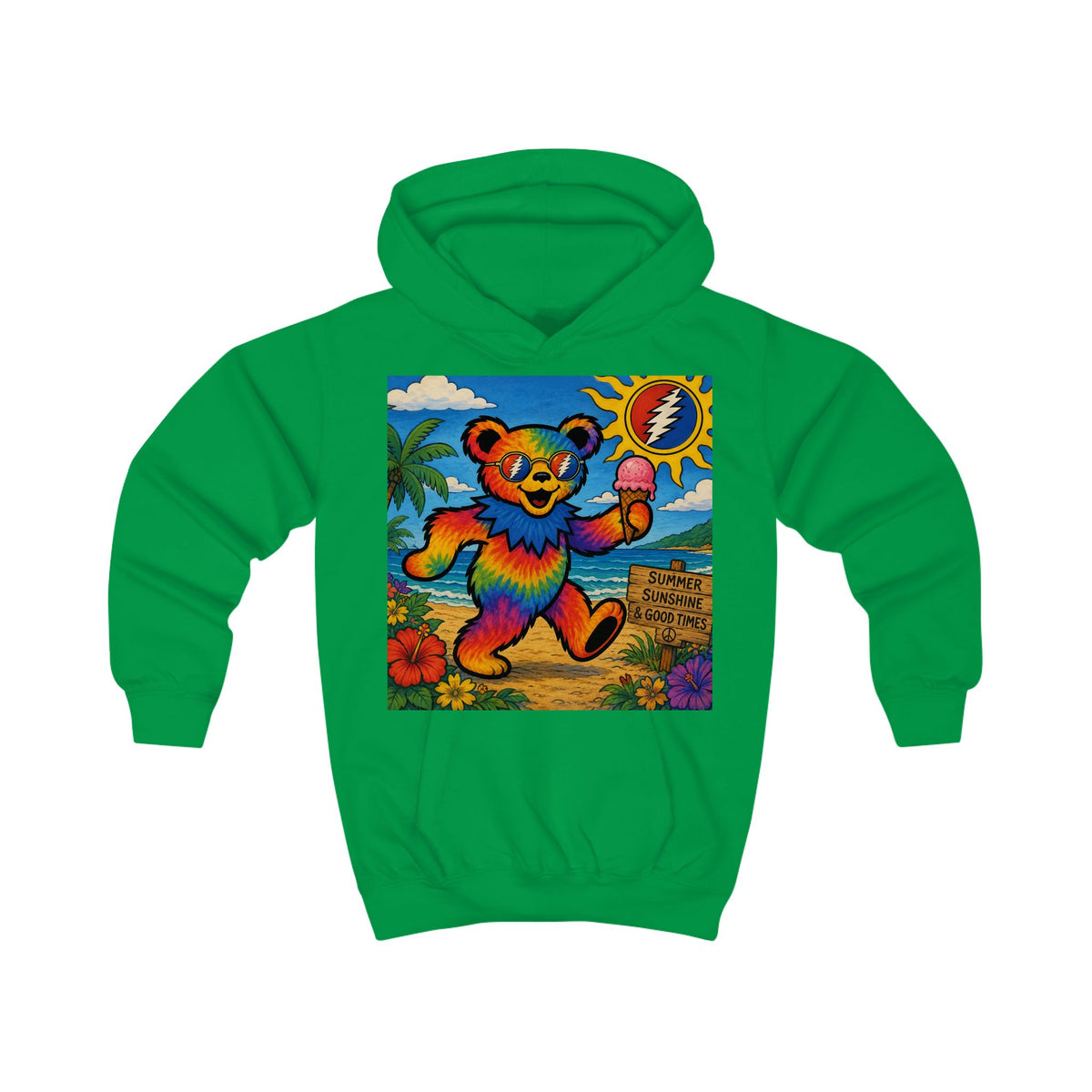 Rainbow Dancing Bear Kids Hoodie | Psychedelic Grateful Dead Style, Summer Beach Scene