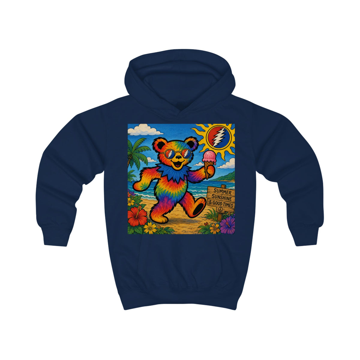 Rainbow Dancing Bear Kids Hoodie | Psychedelic Grateful Dead Style, Summer Beach Scene