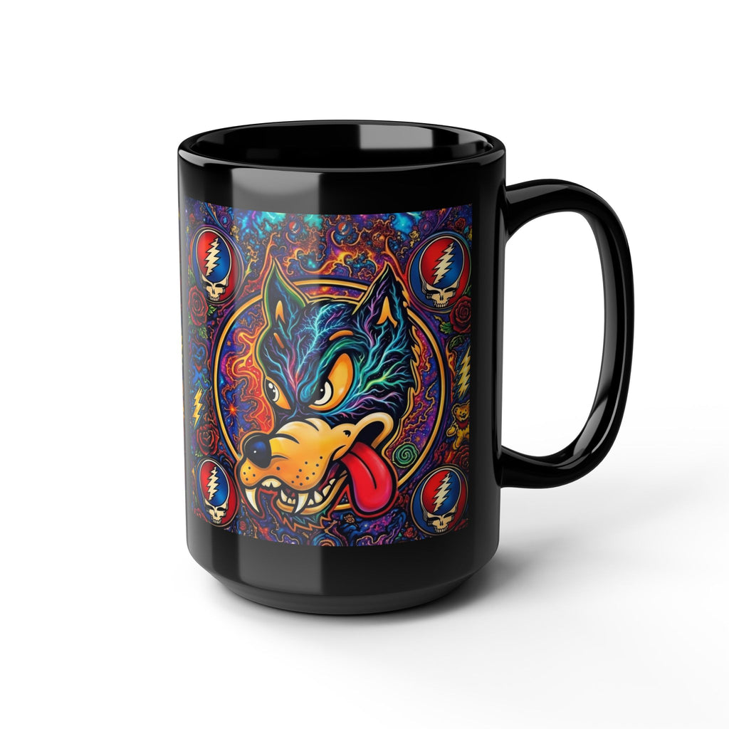 Psychedelic Dire Wolf with Grateful Dead Icons Mug | Black 15oz gift for a deadhead