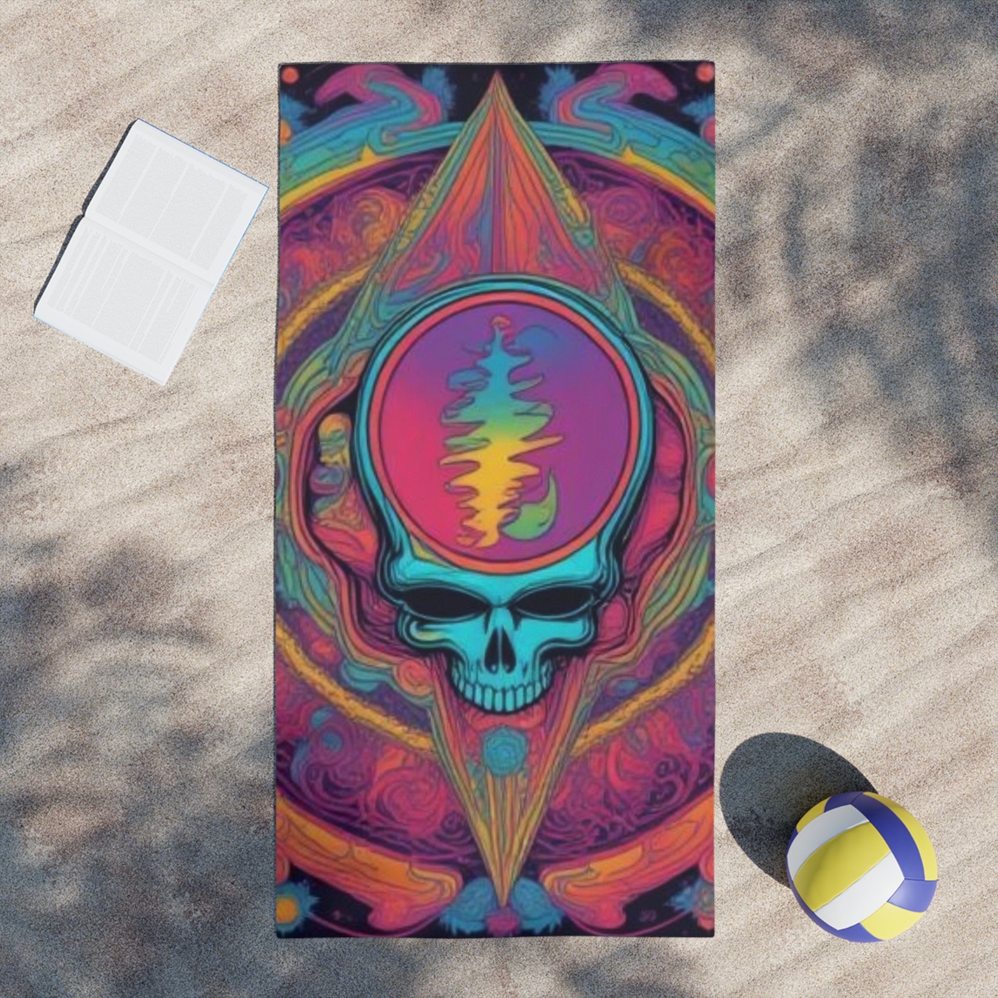 Psychedelic Skull Waveform Beach Towel | Rainbow Trippy Skull Grateful dead