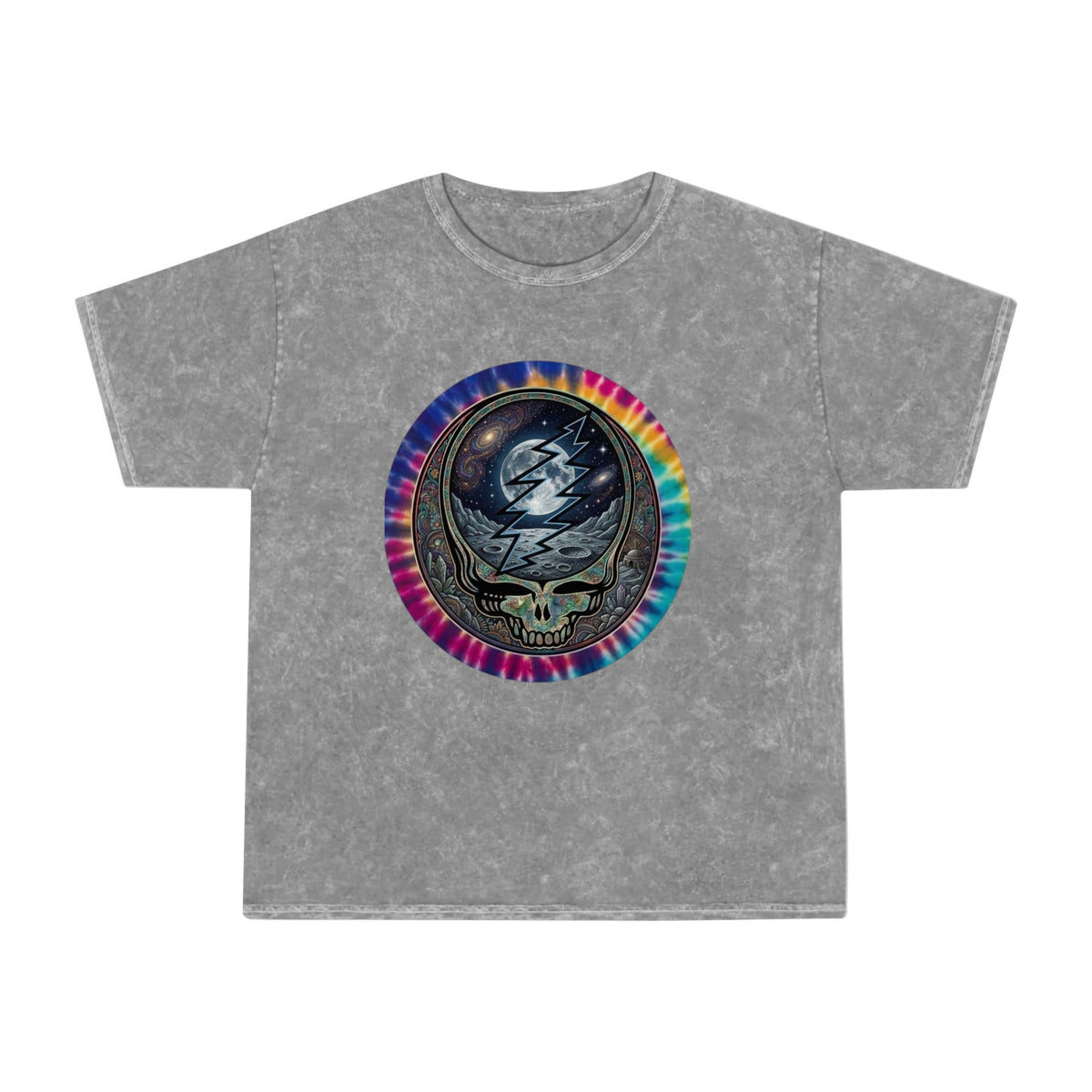 Grateful Dead Standing on the Moon, Steal Your Face Skull Lightning Tie Dye T-Shirt | Mineral Wash, gift for a deadhead
