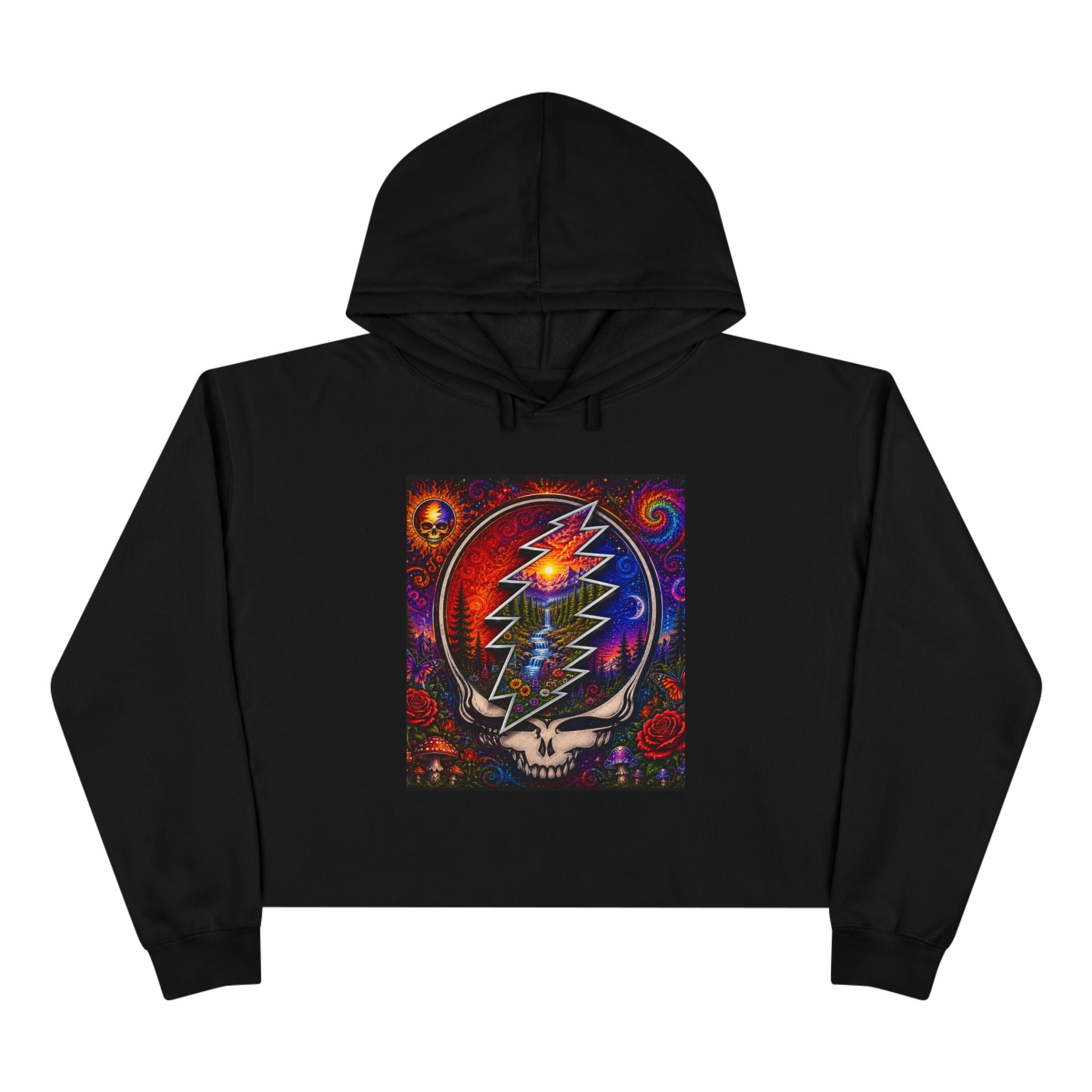 Psychedelic Steal Your Face Skull Crop Hoodie | Grateful Dead Lightning Bolt Design