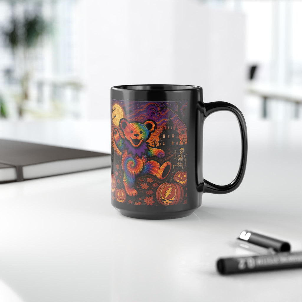 Tie-Dye Dancing Bear Halloween Mug | Spooky Pumpkin Graveyard, gift for deadhead