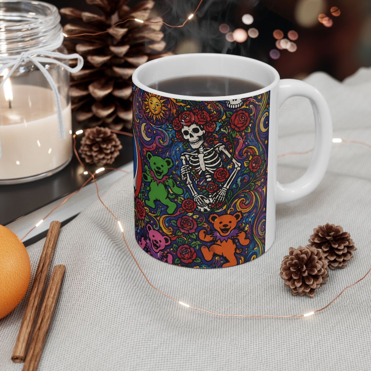 Grateful Dead Steal Your Face Skull Mug | Psychedelic Dancing Bears Ceramic