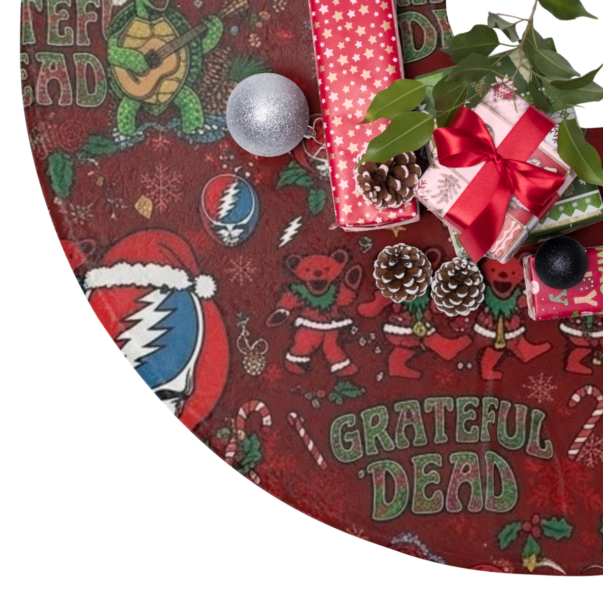 Grateful Dead Santa Icons Christmas Tree Skirt | Red Holiday Music Pattern