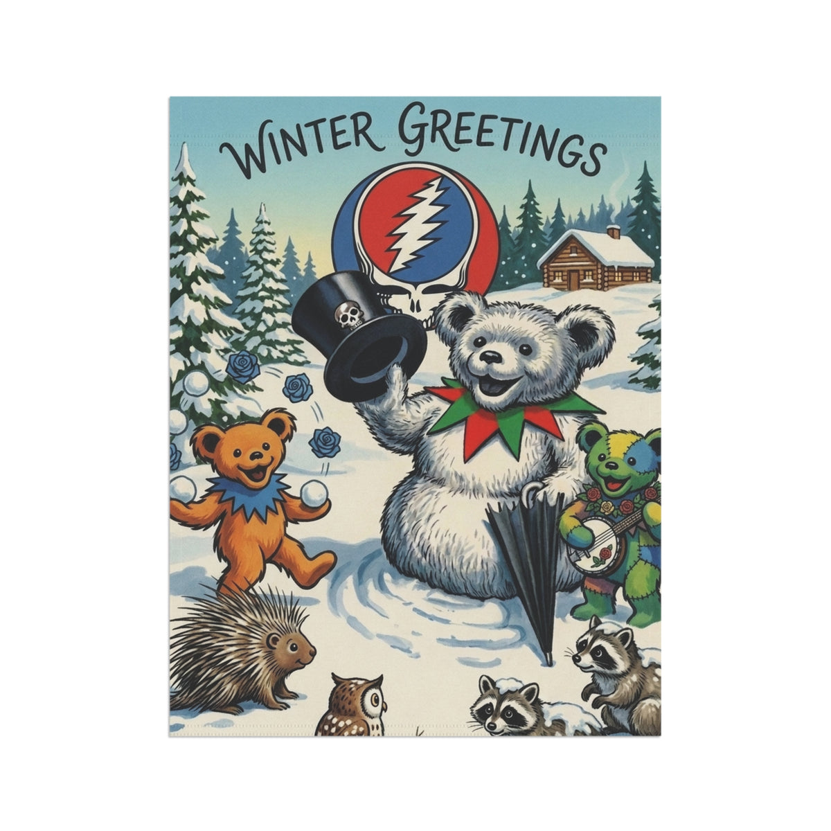 Winter Greetings Bear Holiday Garden & House Banner | Grateful Dead Steal Your Face
