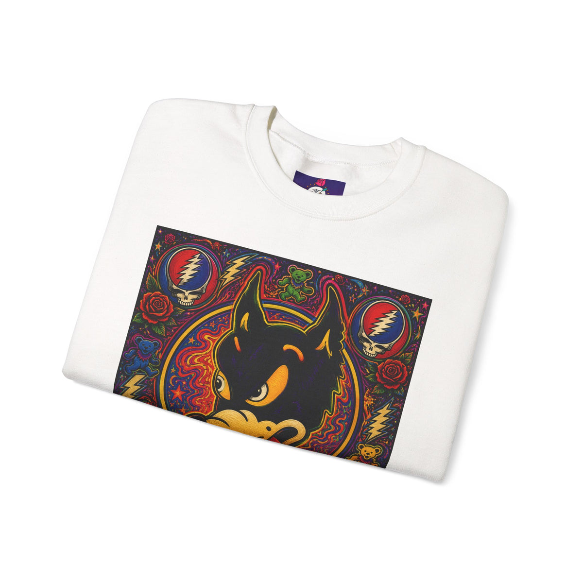 Psychedelic Dire Wolf Grateful Dead Crewneck Sweatshirt | Retro Skull Roses Band Icons