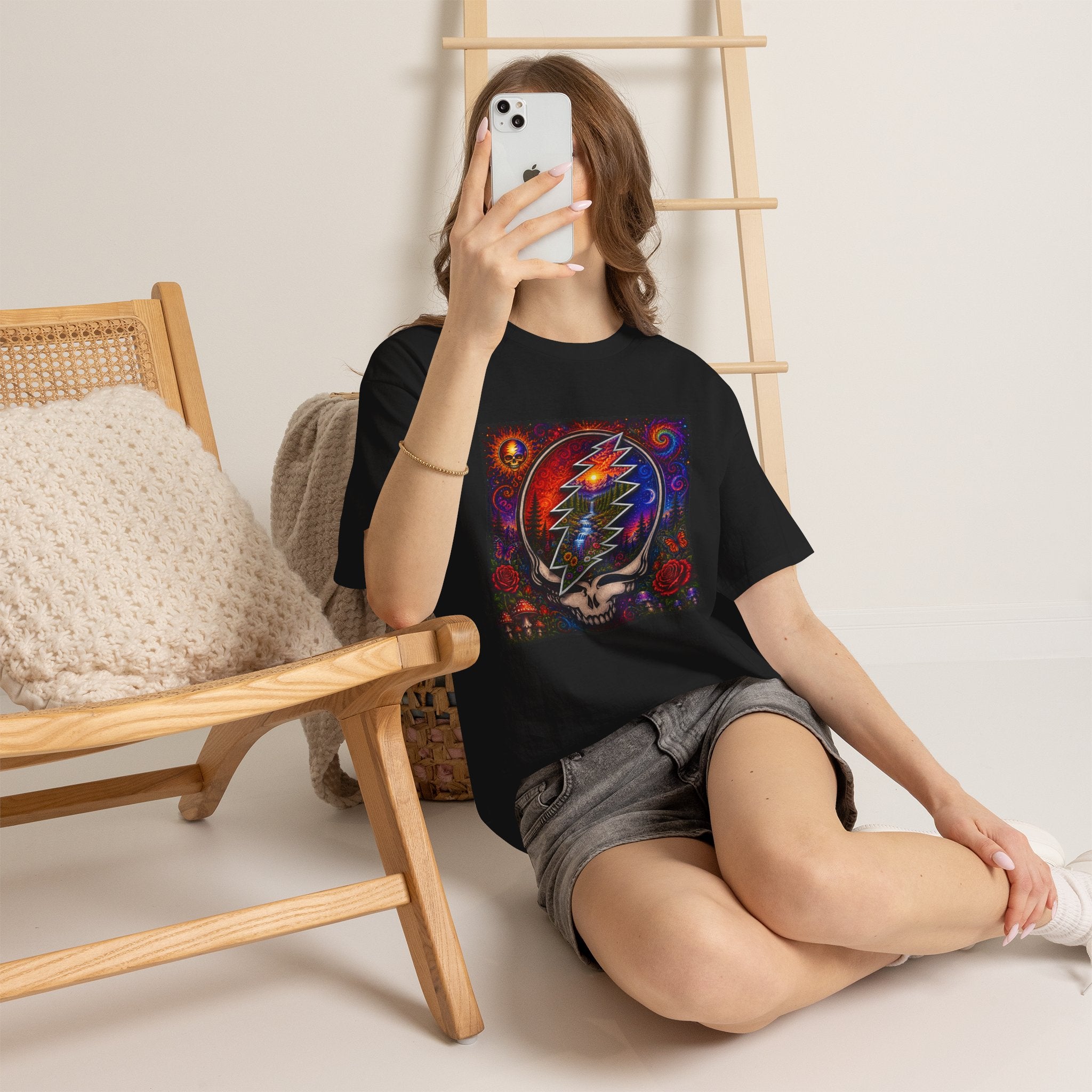 Psychedelic Steal Your Face Skull T-Shirt | Colorful Lightning Rose Grateful Dead Tee