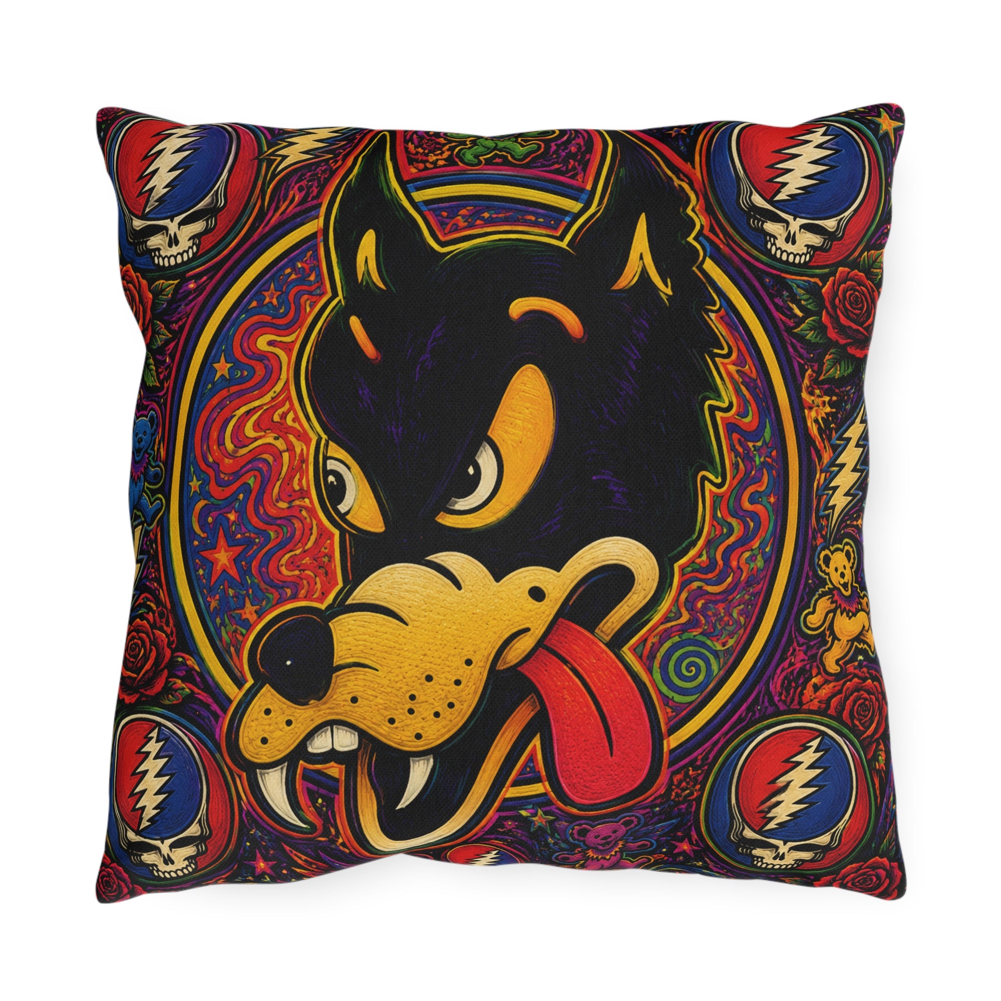 Psychedelic Dire Wolf  Outdoor Pillow | Retro Grateful Dead Lightning Skulls