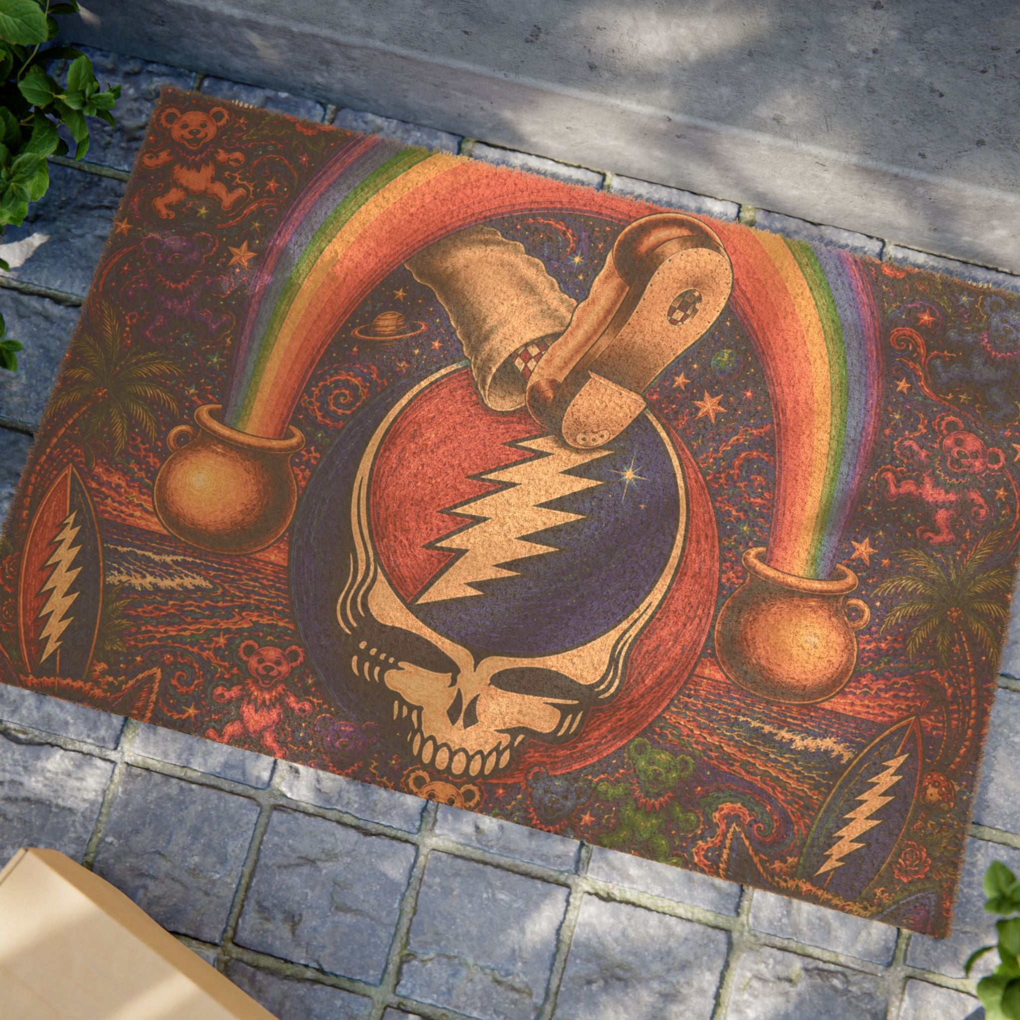 Grateful Dead Steal Your Face Skull Rainbow Doormat | Psychedelic Pot of Gold Welcome Mat