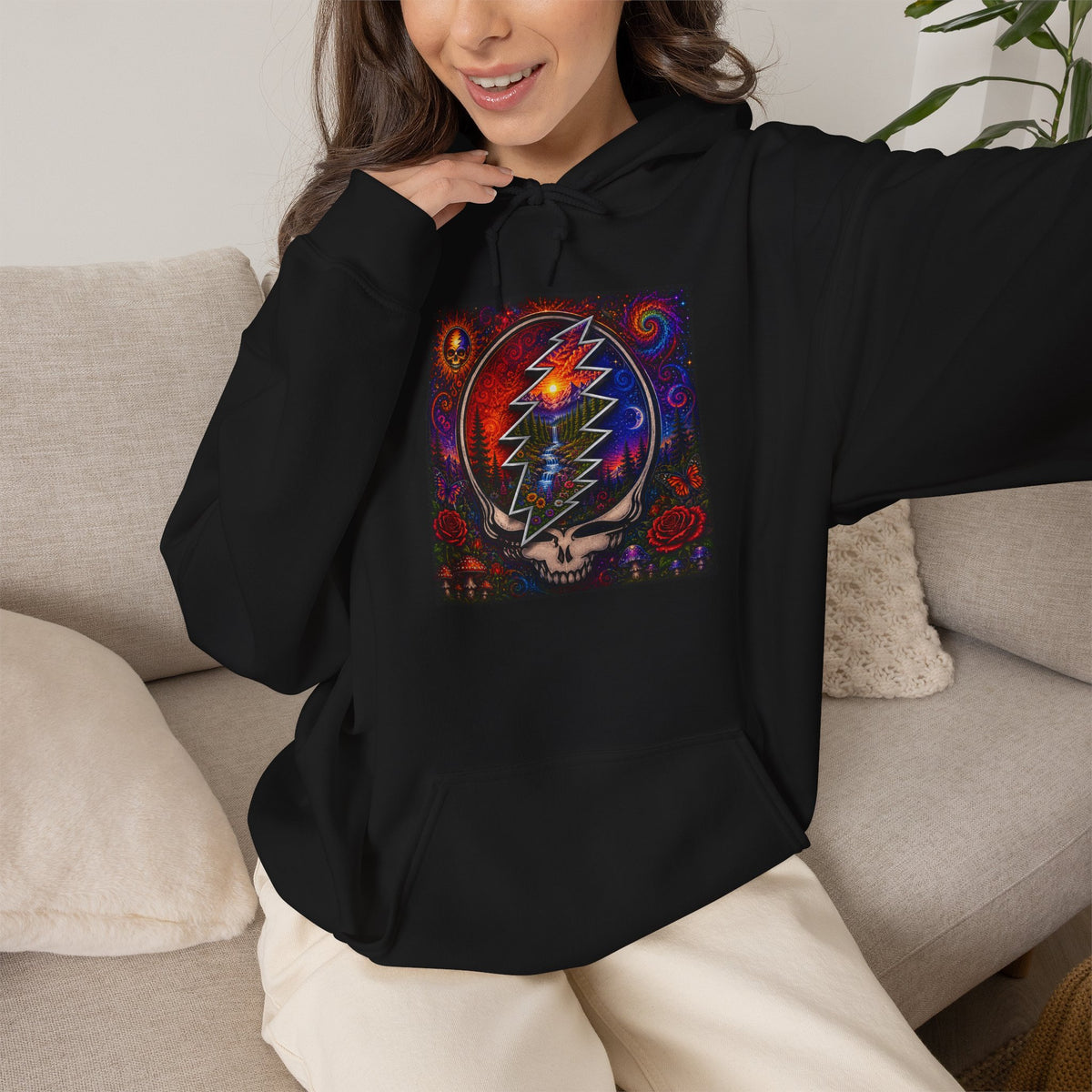 Psychedelic Steal Your Face Skull Hoodie | Grateful Dead Lightning Bolt, Rainbow Cosmic Art