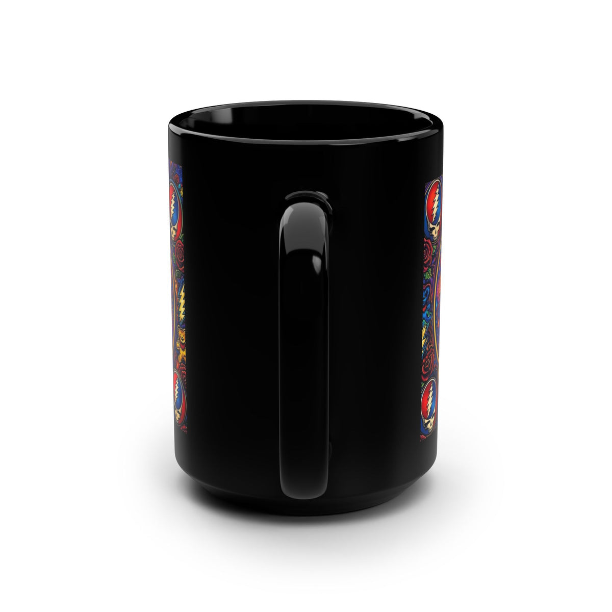 Psychedelic Dire Wolf with Grateful Dead Icons Mug | Black 15oz gift for a deadhead