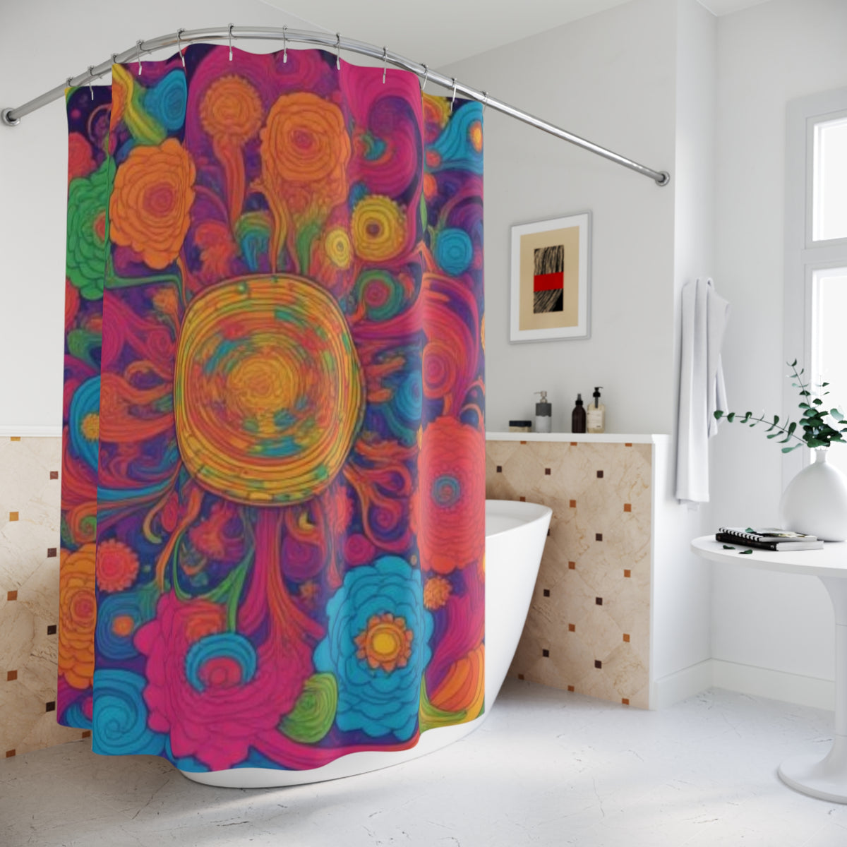 Psychedelic Floral Burst Shower Curtain | Colorful Retro Flower Pattern