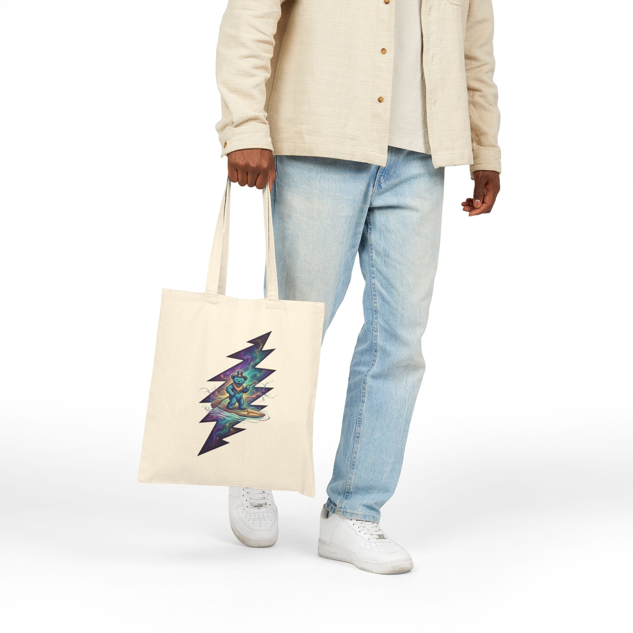 Grateful Dead Paddleboarding dead bear Cosmic Bear Lightning Bolt Tote Bag | Canvas Market Bag