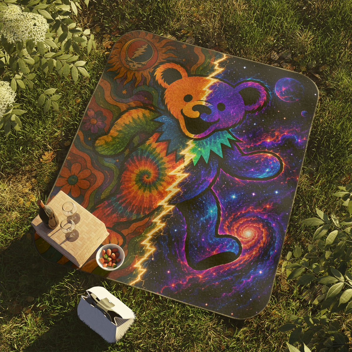 Tie-Dye Grateful Dead Bear Picnic Blanket | Psychedelic Galaxy, Retro Sunflower Design, gift for a deadhead, family, new mom