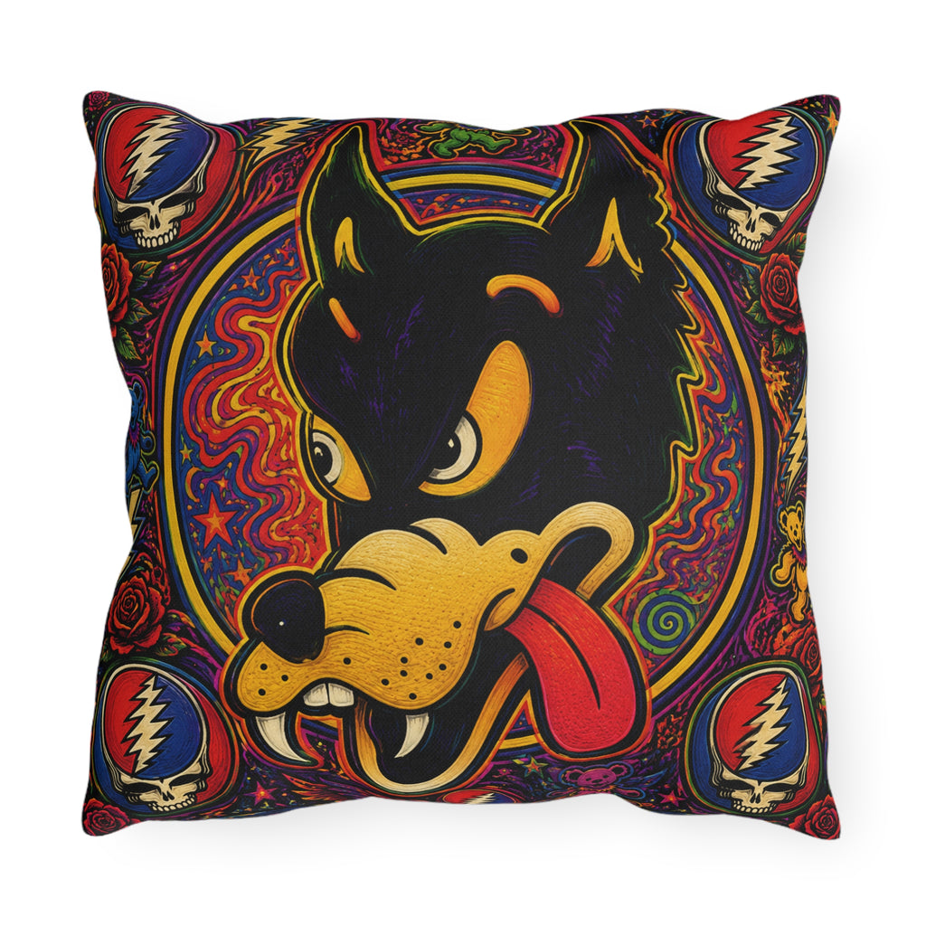 Psychedelic Dire Wolf  Outdoor Pillow | Retro Grateful Dead Lightning Skulls