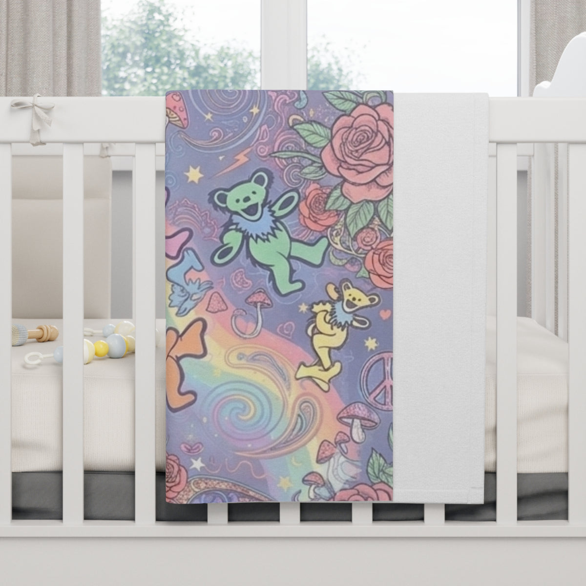 Grateful Dead, Gift for Deadhead, Dancing Rainbow Bears baby blanket | psychedelic floral peace fleece blanket