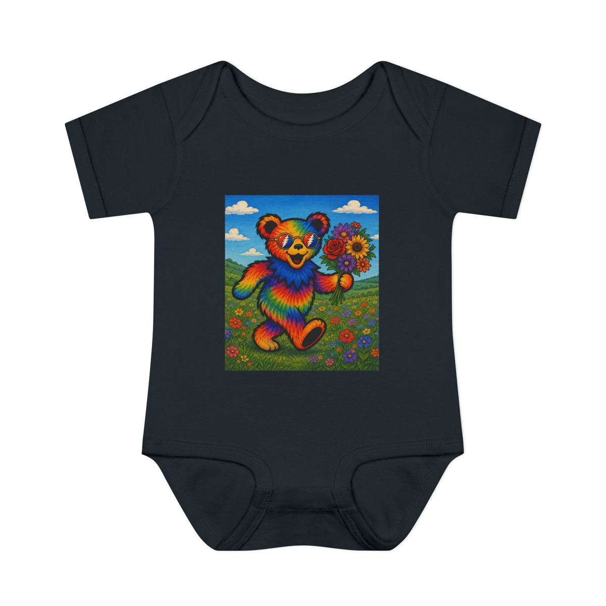 Grateful Dead Rainbow Tie Dye Bear Holding Sunflower Infant Bodysuit