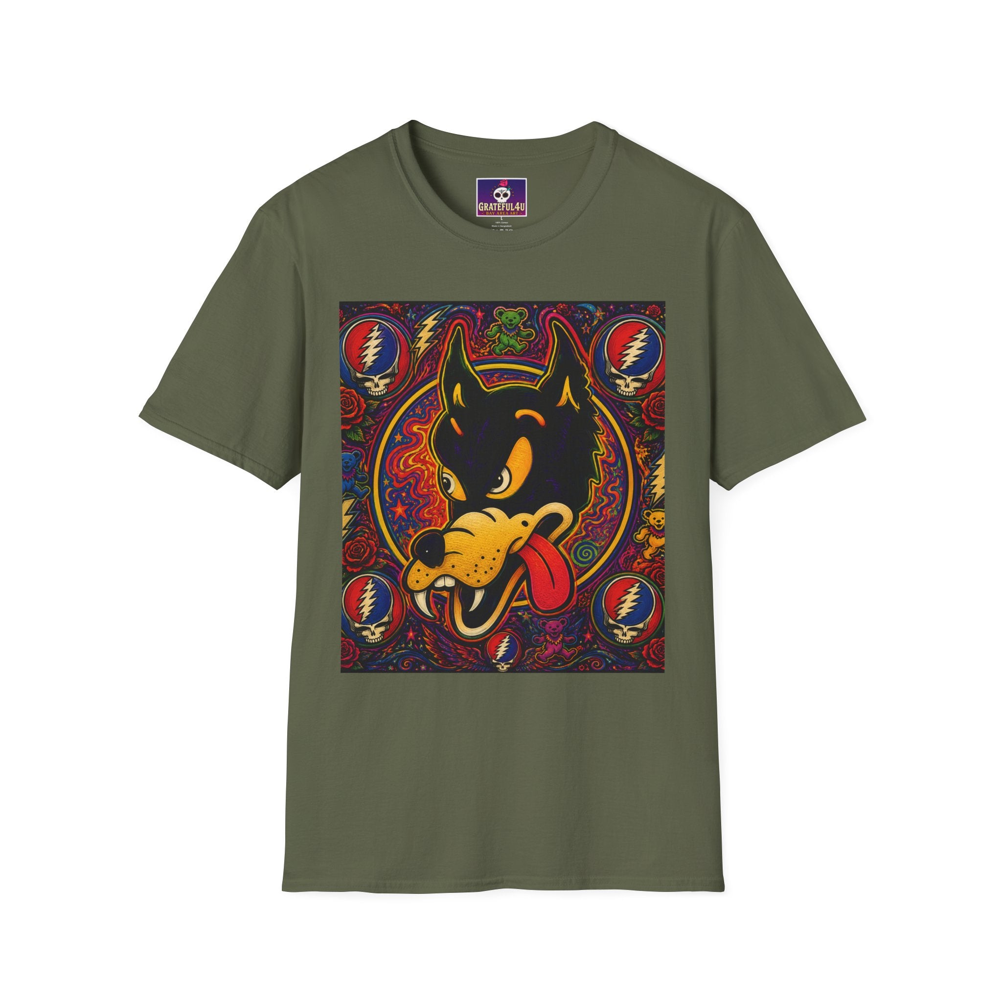 Psychedelic Dire Wolf Grateful Dead  Illustration T-Shirt | Retro Skull Lightning Graphics