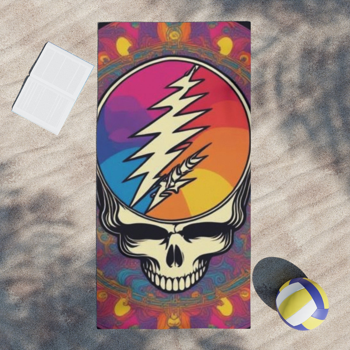 Psychedelic Steal Your Face Skull Beach Towel | Rainbow Lightning Bolt